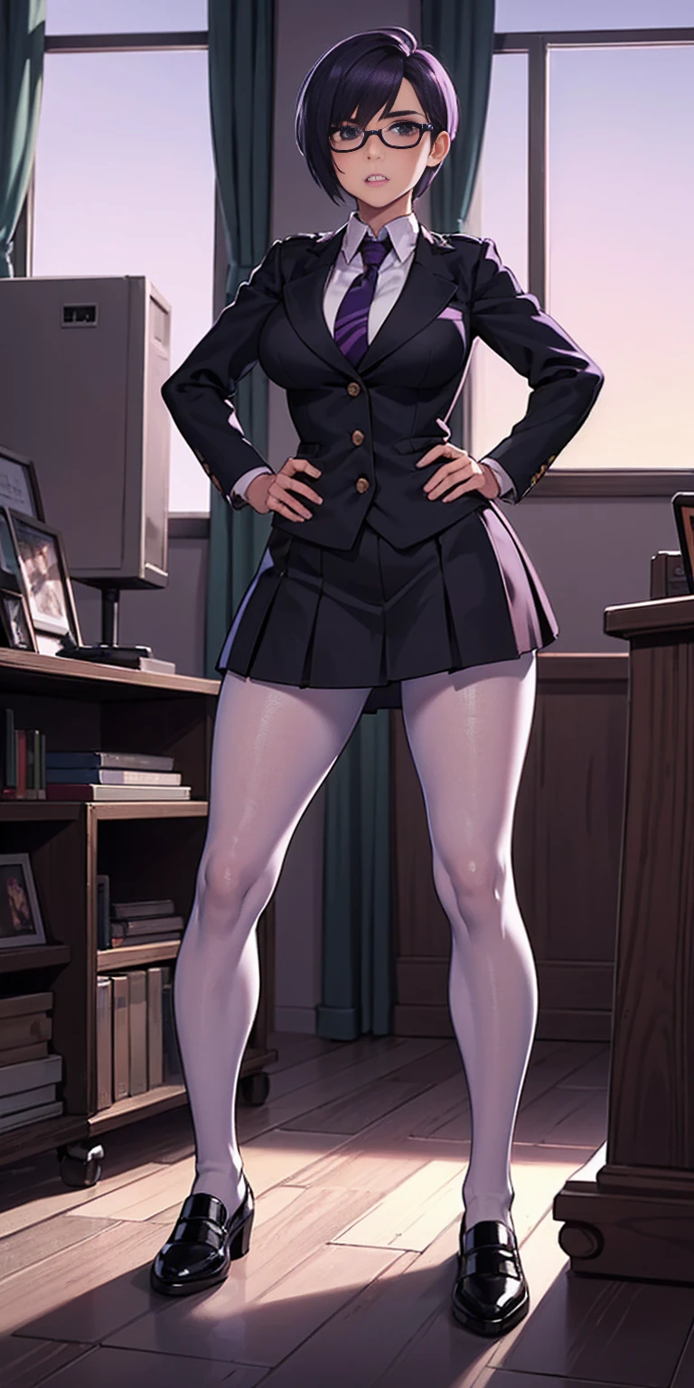 (high quality:1.1), cinema lighting, extremely detailed,
Calhoun, standing, hands on hips,
determined, clenched teeth,
purple hair, black hair, short hair, lips, purple eyes, glasses,
uniform, necktie, white shirt, skirt, pantyhose, shoes, 
large breasts, thighs, 
messy room, window, sky,