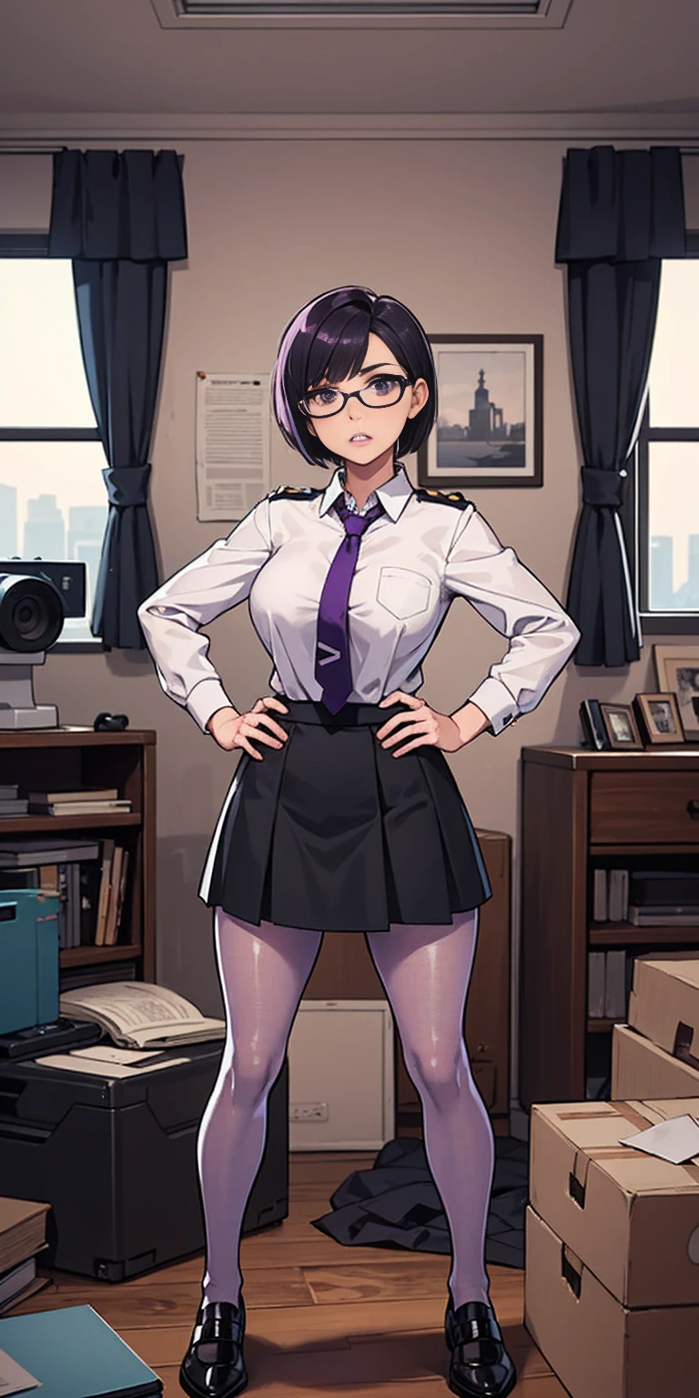 (high quality:1.1), cinema lighting, extremely detailed,
Calhoun, standing, hands on hips,
determined, clenched teeth,
purple hair, black hair, short hair, lips, purple eyes, glasses,
uniform, necktie, white shirt, skirt, pantyhose, shoes, 
large breasts, thighs, 
messy room, window, sky,