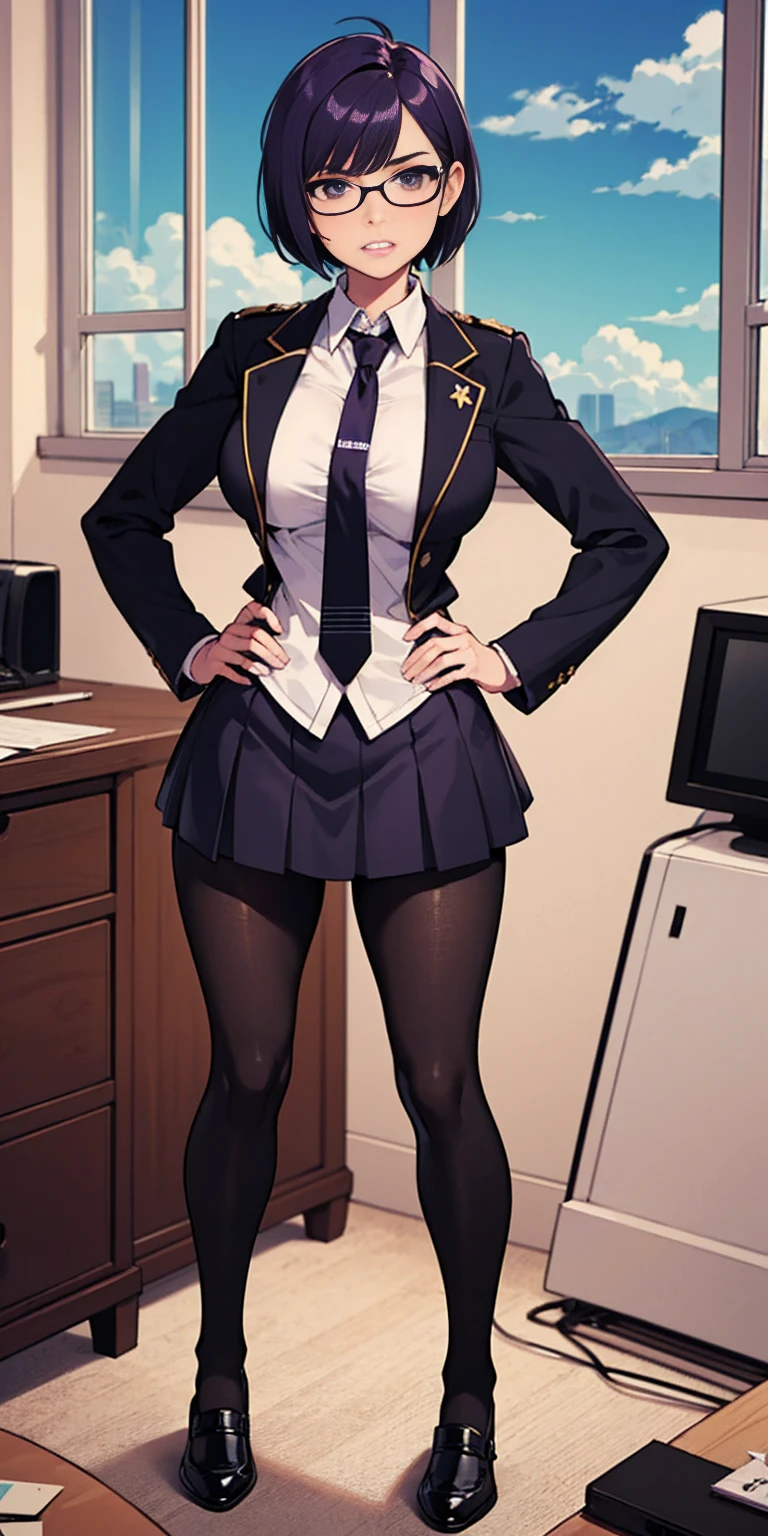 (high quality:1.1), cinema lighting, extremely detailed,
Calhoun, standing, hands on hips,
determined, clenched teeth,
purple hair, black hair, short hair, lips, purple eyes, glasses,
uniform, necktie, white shirt, skirt, pantyhose, shoes, 
large breasts, thighs, 
messy room, window, sky,