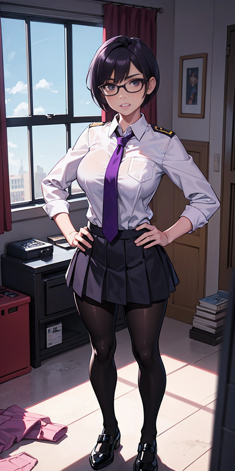 (high quality:1.1), cinema lighting, extremely detailed,
Calhoun, standing, hands on hips,
determined, clenched teeth,
purple hair, black hair, short hair, lips, purple eyes, glasses,
uniform, necktie, white shirt, skirt, pantyhose, shoes, 
large breasts, thighs, 
messy room, window, sky,