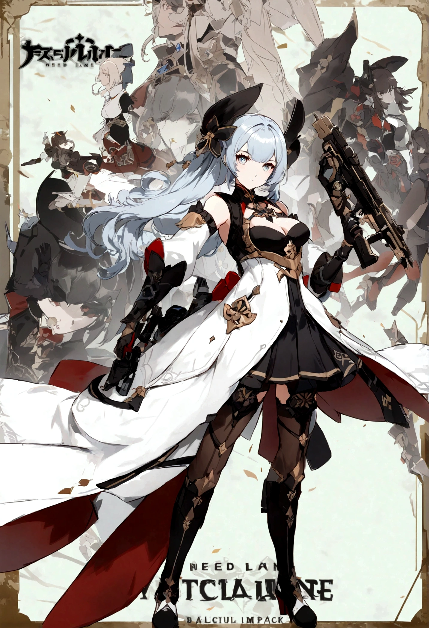 (Daisaku),(Need),(Super meticulous),(full bodyesbian:1.2),1girll,a woman in a white dress and black boots holding a gun, characters from azur lane, inspired by Li Chevalier, official character art, from the azur lane videogame, azur lane style, cushart krenz key art feminine, genshin impact character, from girls frontline, ayaka genshin impact, edelgard from fire emblem,(beautiful detailed face),(Beautiful and delicate eyes),