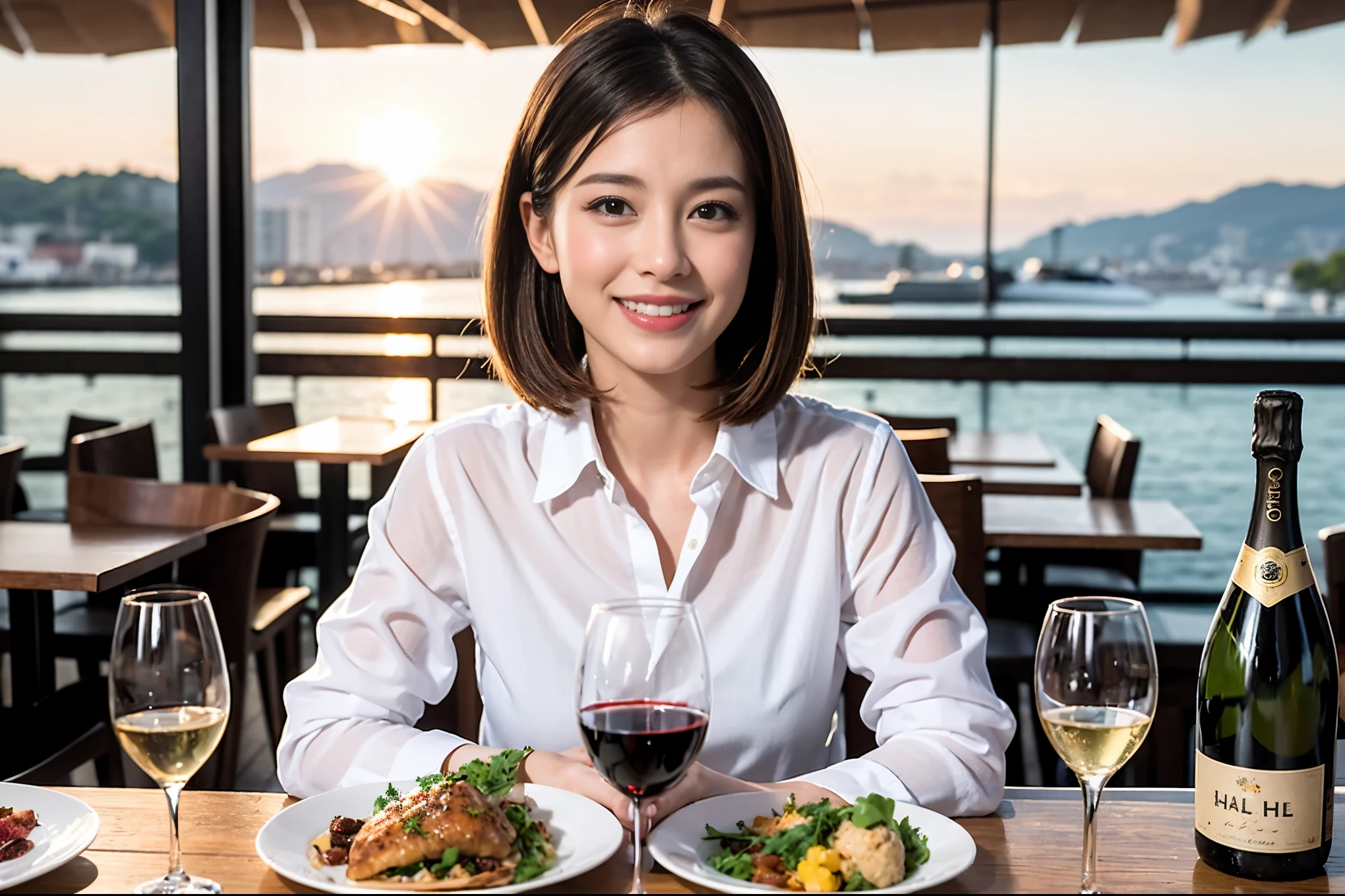 ((highest quality、8k、masterpiece:1.3))、1 male 1 female、lover、Beautiful couple、Japanese couple、full-course dinner、Smile、 (Slim face), (the body is スリム), (Brown Hair), (Shortcuts), ((Bob Hale、Straight hair:1.2)), テーブルの上のwine glass、Please shine a light on my face、 Amazing view of the sunset sky and clouds、 (36 years old), 39 years old, red wine 、Appetizers、Italian food、Wine bottle、Champagne、sparkling wine、Long sleeve shirt、dress、Attractive beauty、restaurant, Nova Frog Style, actress, model, Upper Body, White wine, red wine, wine glass, 
