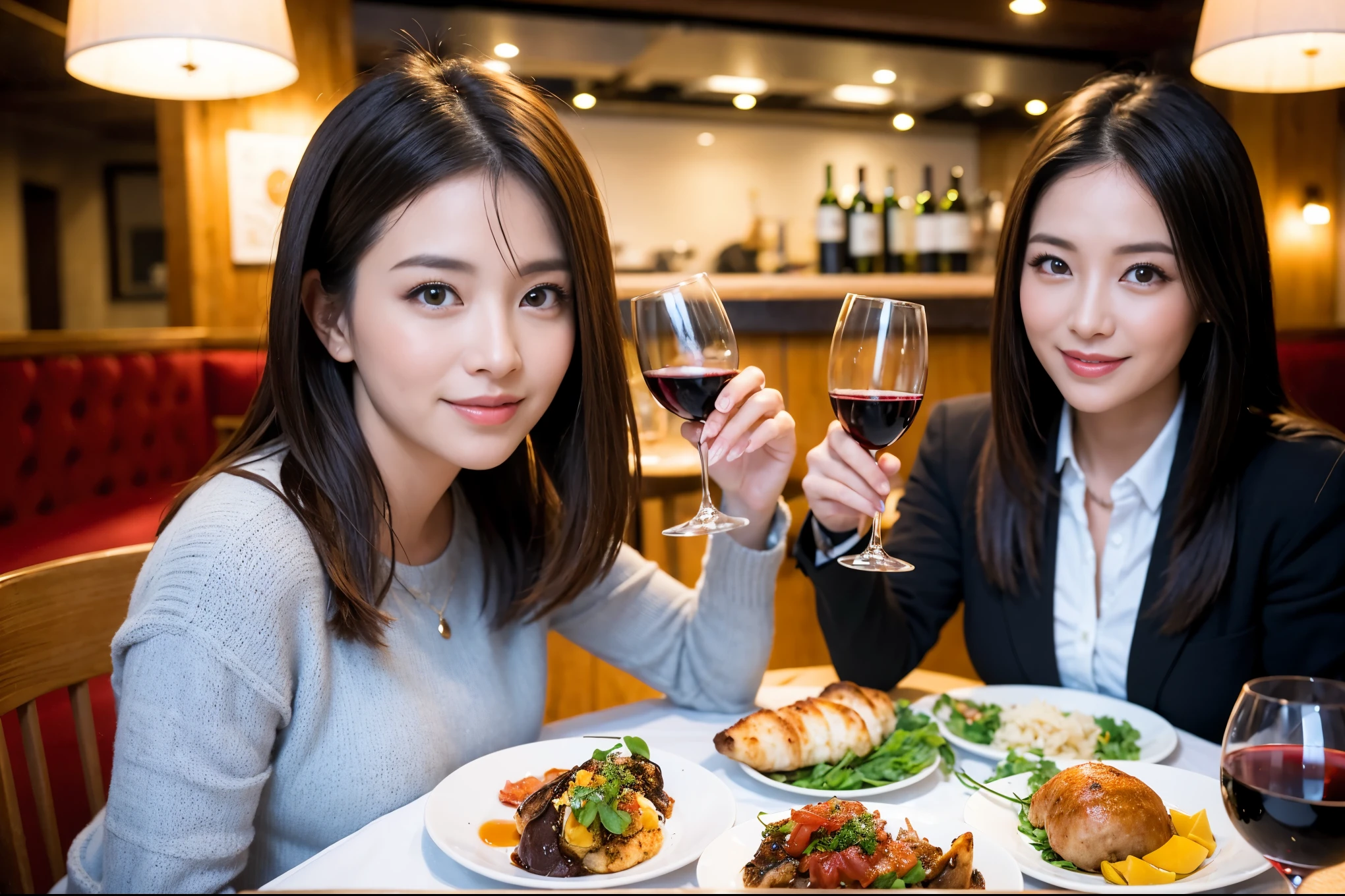 ((highest quality、8k、masterpiece:1.3))、1 male 1 female、lover、Beautiful couple、Japanese couple、full-course dinner、Smile、 (Slim face), (the body is スリム), (Brown Hair), (Shortcuts), ((Bob Hale、Straight hair:1.2)), テーブルの上のwine glass、Please shine a light on my face、 Amazing view of the sunset sky and clouds、 (36 years old), 39 years old, red wine 、Appetizers、Italian food、Wine bottle、Champagne、sparkling wine、Long sleeve shirt、dress、Attractive beauty、restaurant, Nova Frog Style, actress, model, Upper Body, White wine, red wine, wine glass,