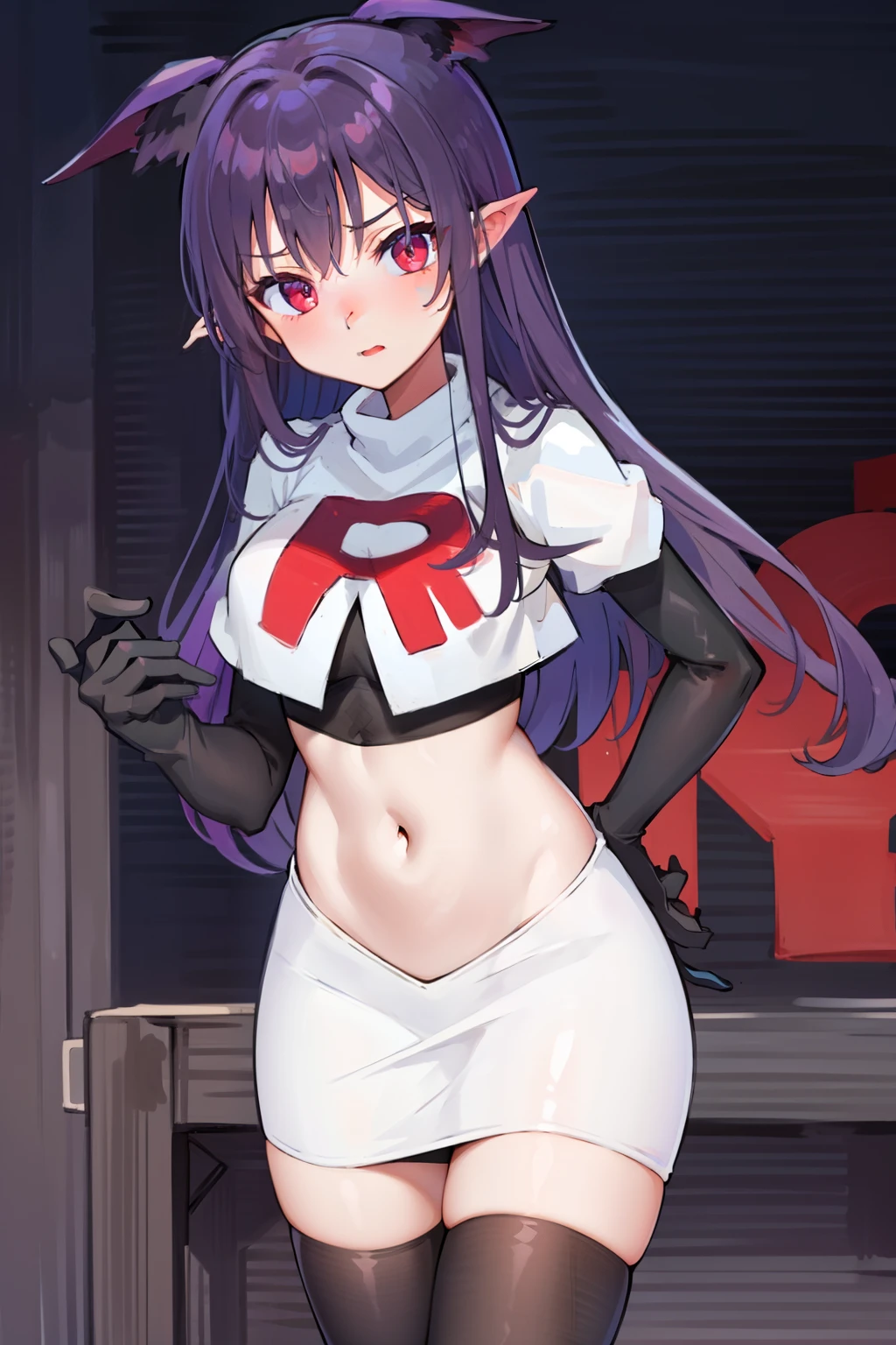 masterpiece, hd, 1girl, mythia, purple long hair, bat ears, red eye, team rocket,team rocket uniform,white skirt,red letter R,crop top,black thigh-highs,black elbow gloves
