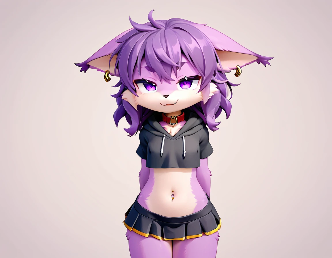 score_9,score_8_up,score_7_up, anthro lynx, furry art, medium hair, head tuft, shirtless, ((shota)), (purple fur), purple body, ((soft body)), fuzzy, one fang, long hair, hair over shoulder, wavy hair, purple eyes, solo focus, kemono, cute, eyeliner, eyelashes, collar, kid, young, narrowed eyes, between legs, 3d, blender software, smug face, fullbody, floppy ears, navel, ear piercing, mini skirt, belly, :p, hoodie, crop top, navel piercing, covered pecs, covered nipples, pink arm wamers, black clothes, standing, fingerless gloves,