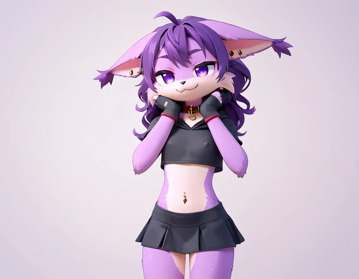 score_9,score_8_up,score_7_up, anthro lynx, furry art, medium hair, head tuft, shirtless, ((shota)), (purple fur), purple body, ((soft body)), fuzzy, one fang, long hair, hair over shoulder, wavy hair, purple eyes, solo focus, kemono, cute, eyeliner, eyelashes, collar,  young, narrowed eyes, between legs, 3d, blender software, smug face, fullbody, floppy ears, navel, ear piercing, mini skirt, belly, :p, hoodie, crop top, navel piercing, covered pecs, covered nipples, pink arm wamers, black clothes, standing, fingerless gloves,