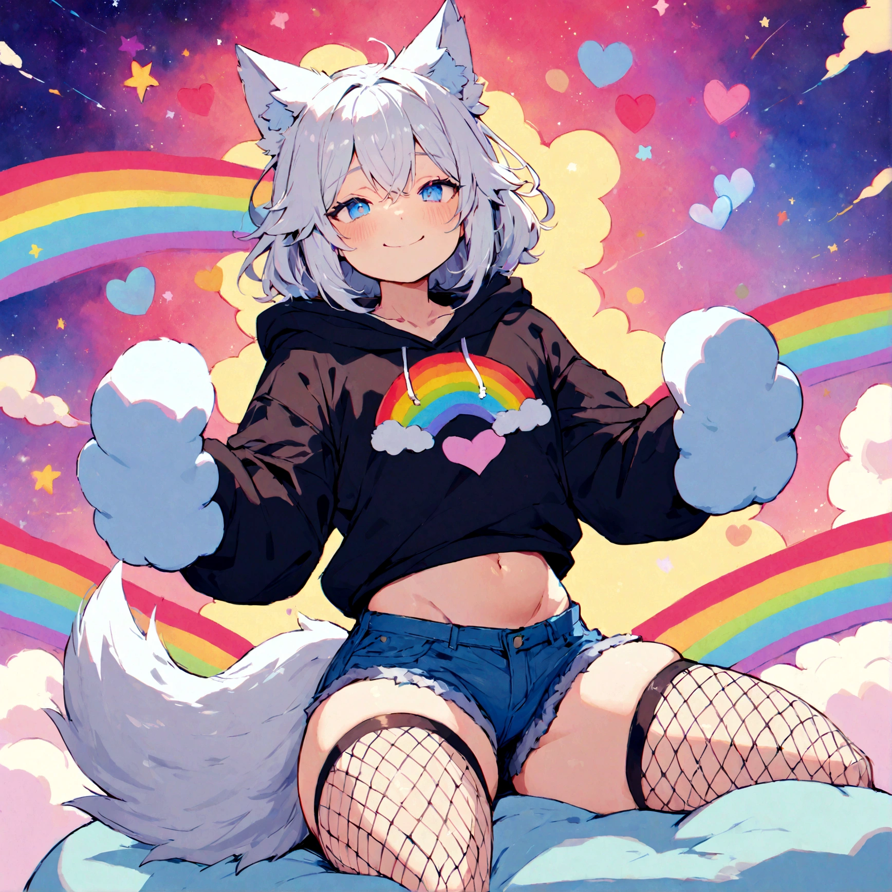 a cute adult male with wolf ears, white hair, has a wolf tail, wearing a loose cropped oversized black hoodie, wearing a pair of denim short shorts and thigh high fishnet stockings, thick thighs, wide hips, relaxing on mound of fluffy multi colored kawaii plushies, short, very slim, showing slender tummy, stretching out, heart on hoodie, squishy thighs, has glowing blue eyes. alone, solo (ALONE)(SOLO), surrounded by rainbows, colorful galaxy backround, wipe opened mouth smile