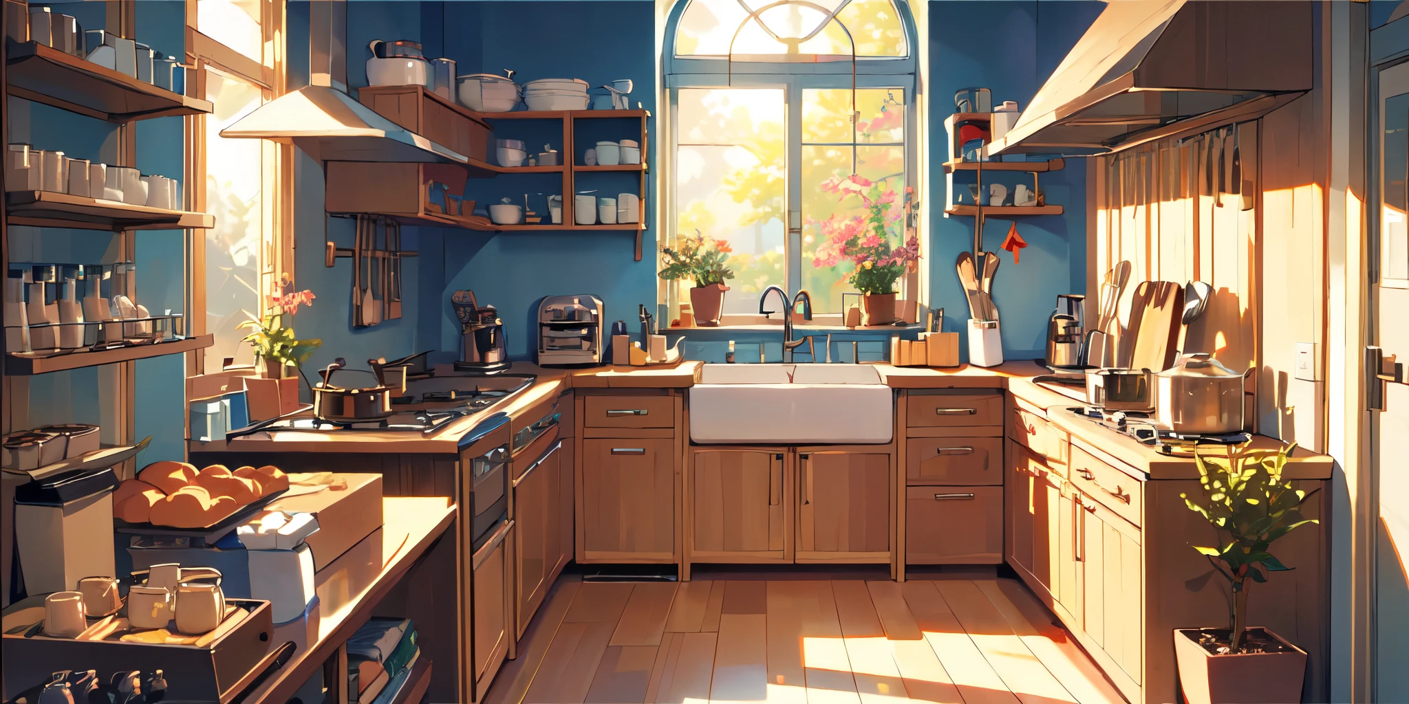 (masterpiece:1.2), best quality,pixiv,Warm animated scenes,cozy anime,
Sunlight,kitchen
 