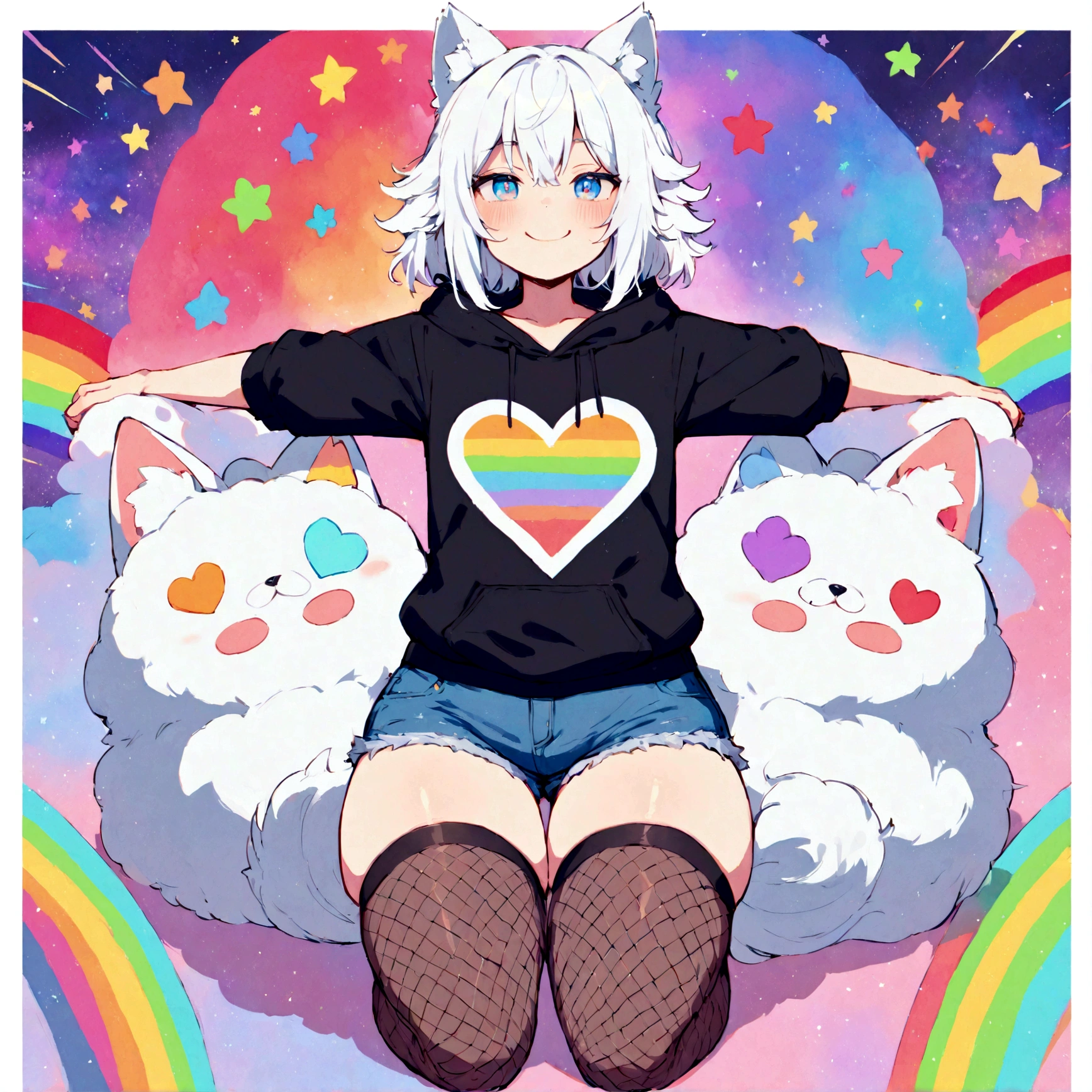 a cute adult male with wolf ears, white hair, has a wolf tail, wearing a loose cropped oversized black hoodie, wearing a pair of denim short shorts and thigh high fishnet stockings, thick thighs, wide hips, relaxing on mound of fluffy multi colored kawaii plushies, short, very slim, showing slender tummy, stretching out, heart on hoodie, squishy thighs, has glowing blue eyes. alone, solo (ALONE)(SOLO), surrounded by rainbows, colorful galaxy backround, wipe opened mouth smile