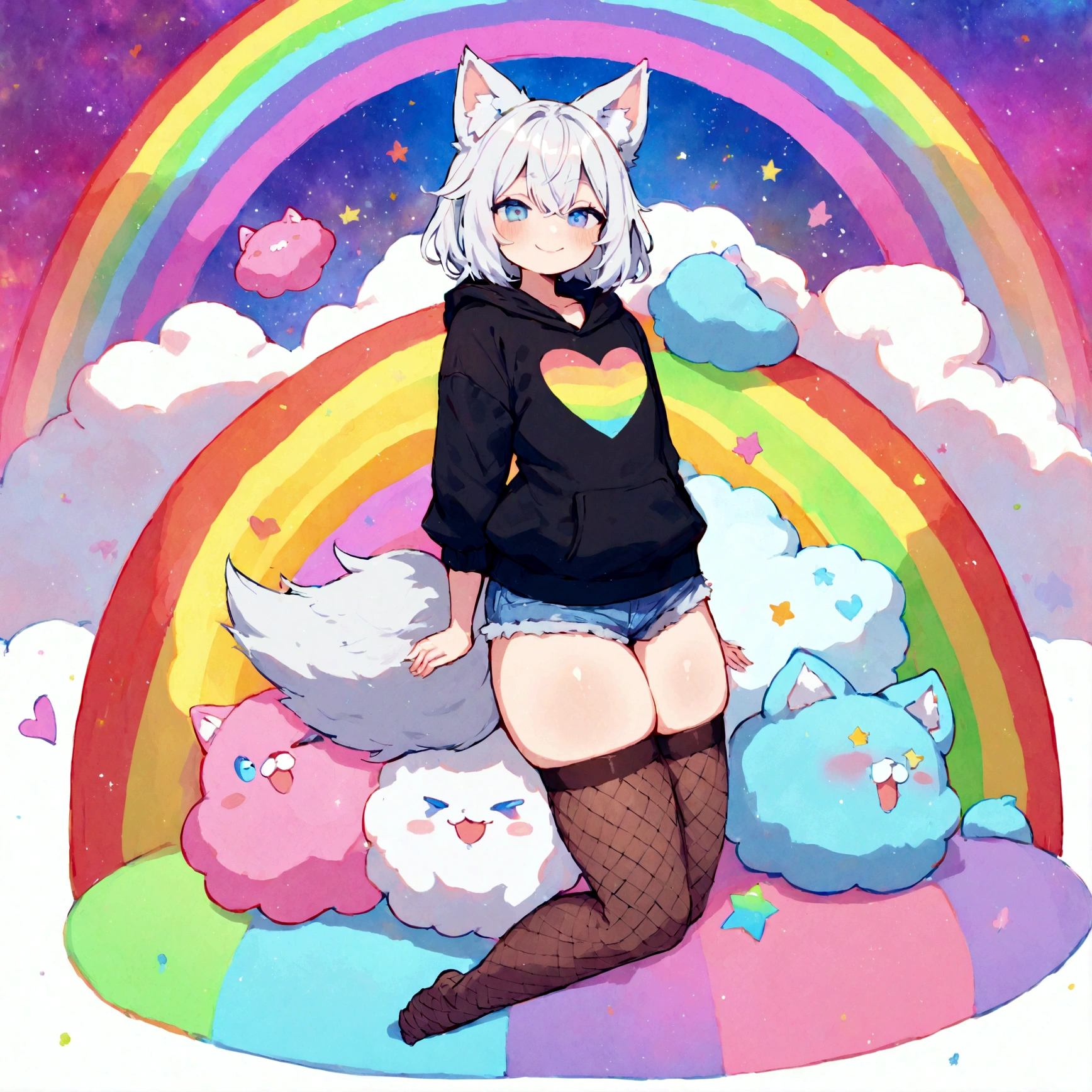 a cute adult male with wolf ears, white hair, has a wolf tail, wearing a loose cropped oversized black hoodie, wearing a pair of denim short shorts and thigh high fishnet stockings, thick thighs, wide hips, relaxing on mound of fluffy multi colored kawaii plushies, short, very slim, showing slender tummy, stretching out, heart on hoodie, squishy thighs, has glowing blue eyes. alone, solo (ALONE)(SOLO), surrounded by rainbows, colorful galaxy backround, wipe opened mouth smile
