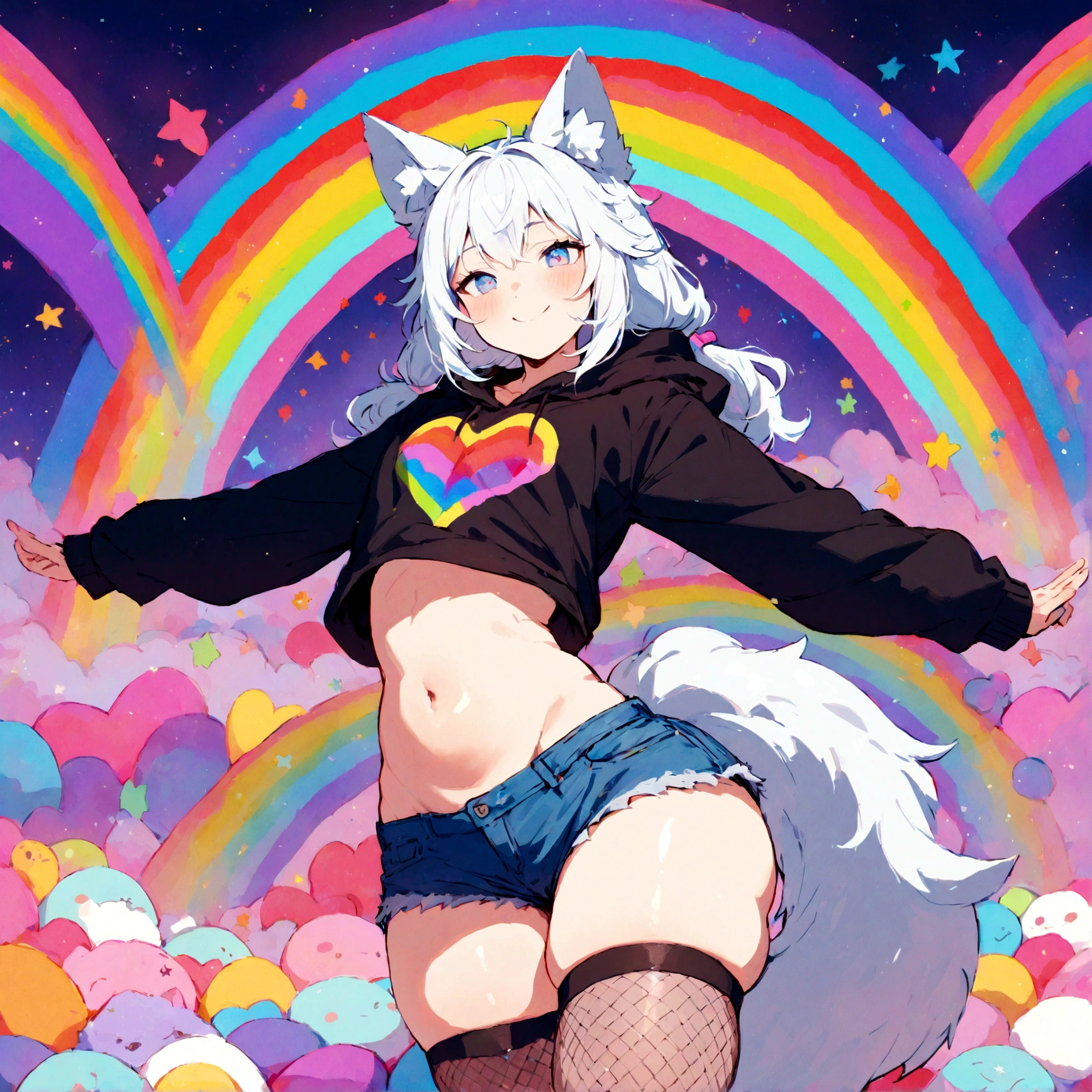 a cute adult male with wolf ears, white hair, has a wolf tail, wearing a loose cropped oversized black hoodie, wearing a pair of denim short shorts and thigh high fishnet stockings, thick thighs, wide hips, relaxing on mound of fluffy multi colored kawaii plushies, short, very slim, showing slender tummy, stretching out, heart on hoodie, squishy thighs, has glowing blue eyes. alone, solo (ALONE)(SOLO), surrounded by rainbows, colorful galaxy backround, wipe opened mouth smile