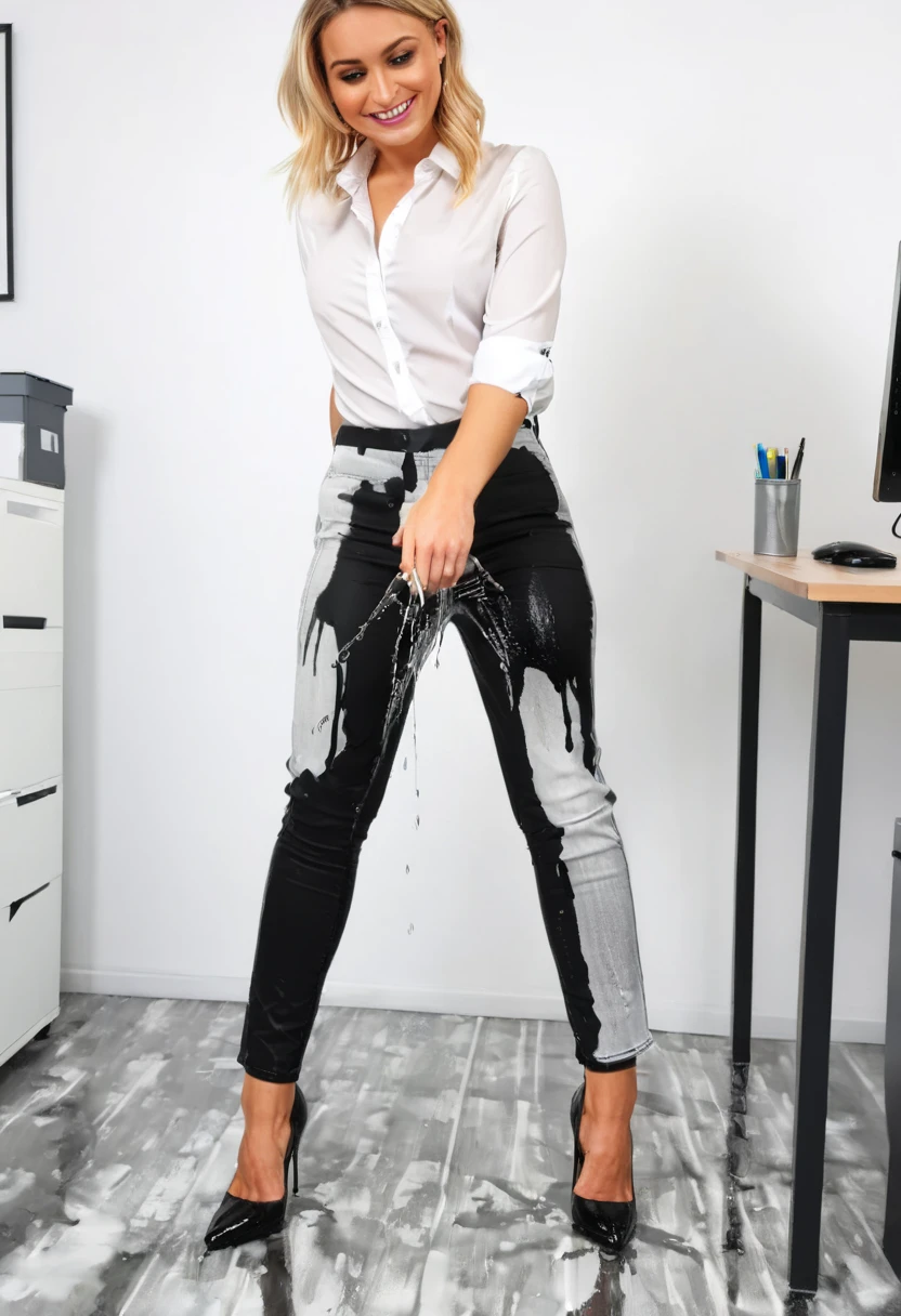 attractive blonde woman wearing black skinny jeans, high heel pumps, white blouse, standing in an office,  wetting, big smile, pee stains are gleaming wet