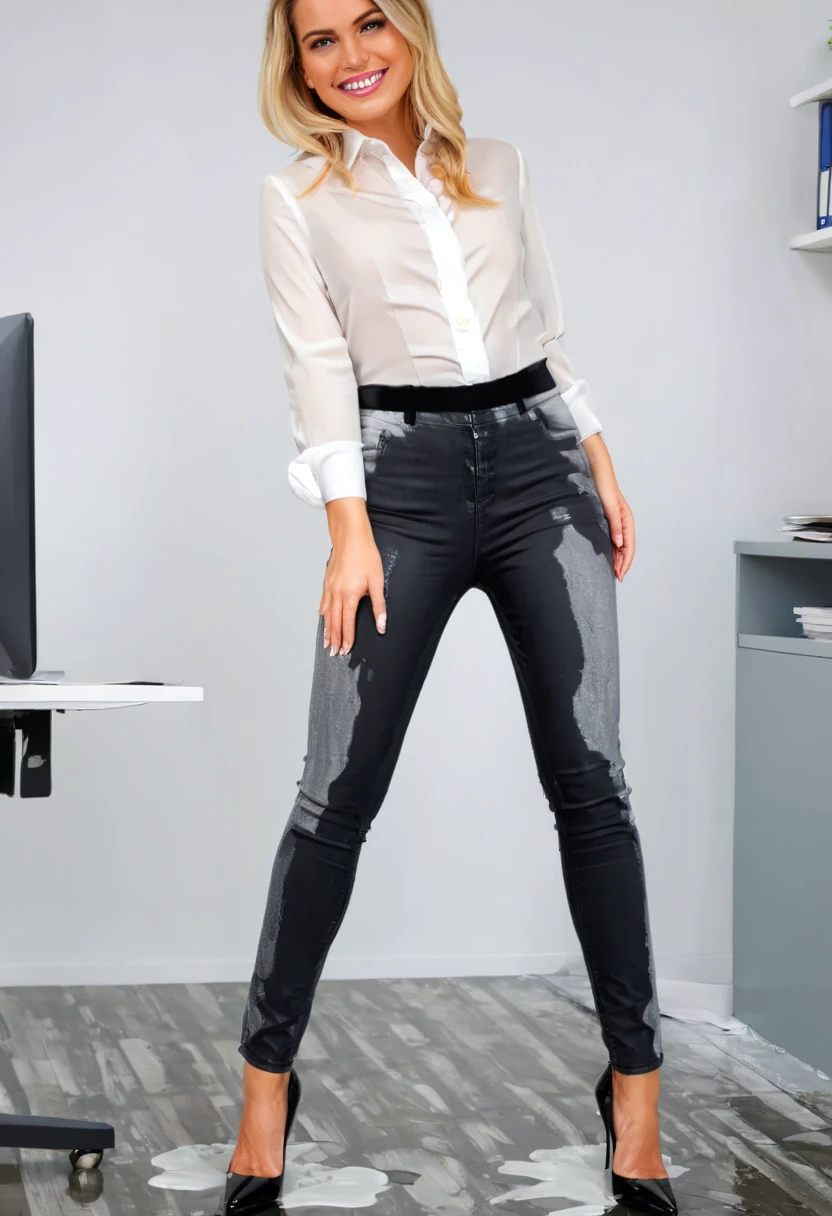 attractive blonde woman wearing black skinny jeans, high heel pumps, white blouse, standing in an office, wetting, big smile, pee stains are gleaming wet