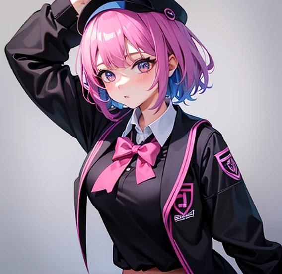 Girl with pink black and blue hair in a black school outfit