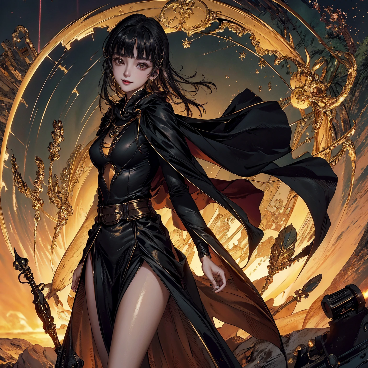 masterpiece, best quality, ultra-detailed, glistening shiny, glowing light, ray tracing, HDR, deph of field, (perfect face, detailed face), 1girl, solo, banyue, long hair, dangerous smile, medium breasts, cape, black dress, standing,