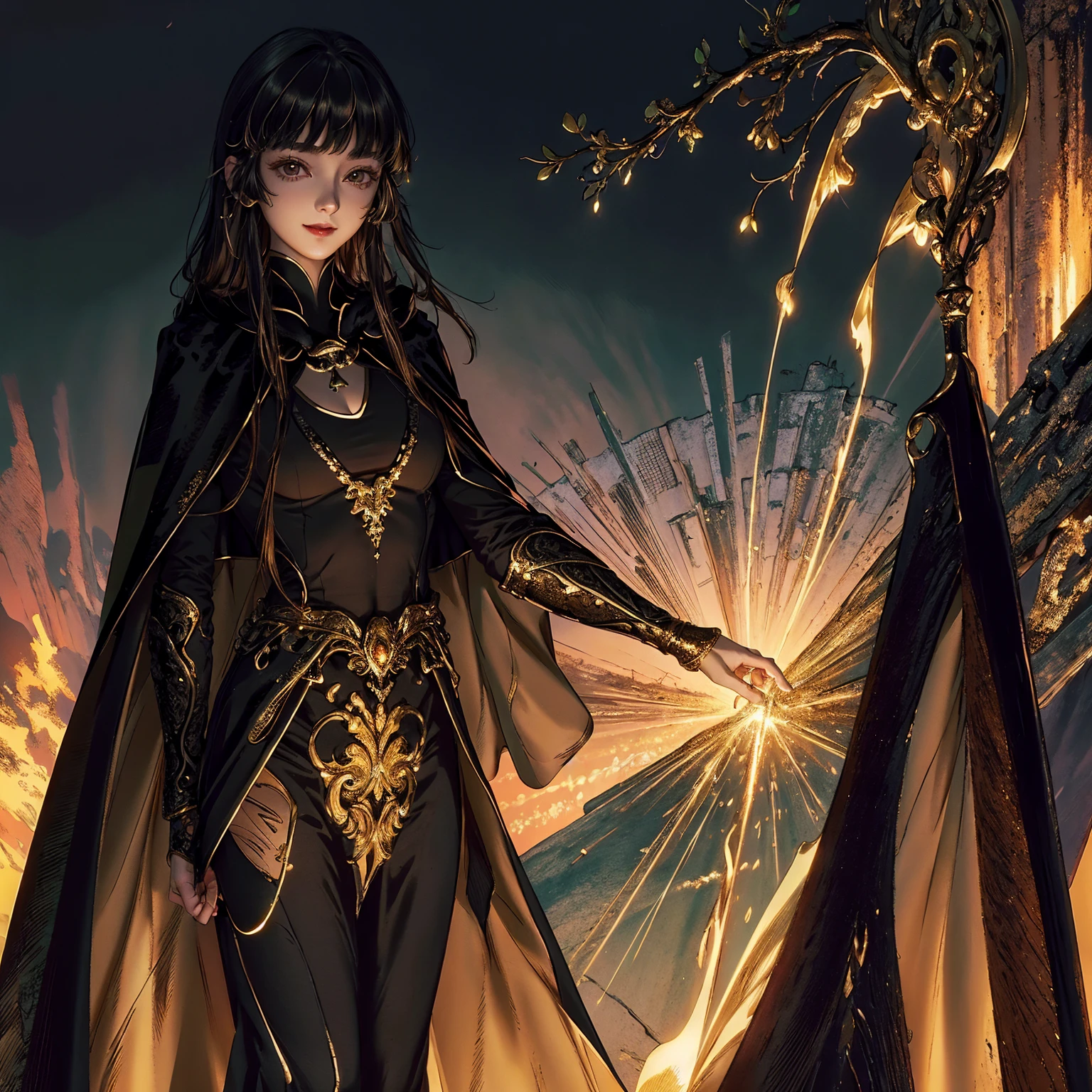 masterpiece, best quality, ultra-detailed, glistening shiny, glowing light, ray tracing, HDR, deph of field, (perfect face, detailed face), 1girl, solo, banyue, long hair, dangerous smile, medium breasts, cape, black dress, standing,