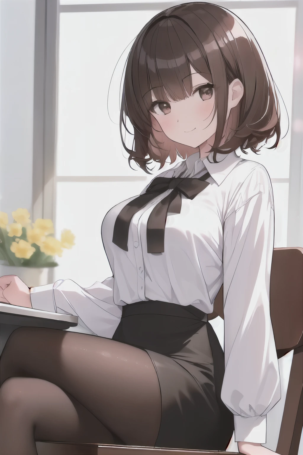 best quality, masterpiece, (solo:1.2), (1 Female:1.2)、Age 25、Larger breasts、(Slender figure)、From the side、(Sitting in a chair)、(office lady)、sheer white blouse、Black Skirt、tights、(White highlight in pupil:1.2)、Reddish brown eyes、(Black-haired:1.2)、(Medium Hair)、(View your viewers:1.2)、White skin、(blush)、(A shy smile)、(I blur the background a lot to make the woman stand out.:1.3)、(The sunlight shines in)、Beautiful flowers in the background