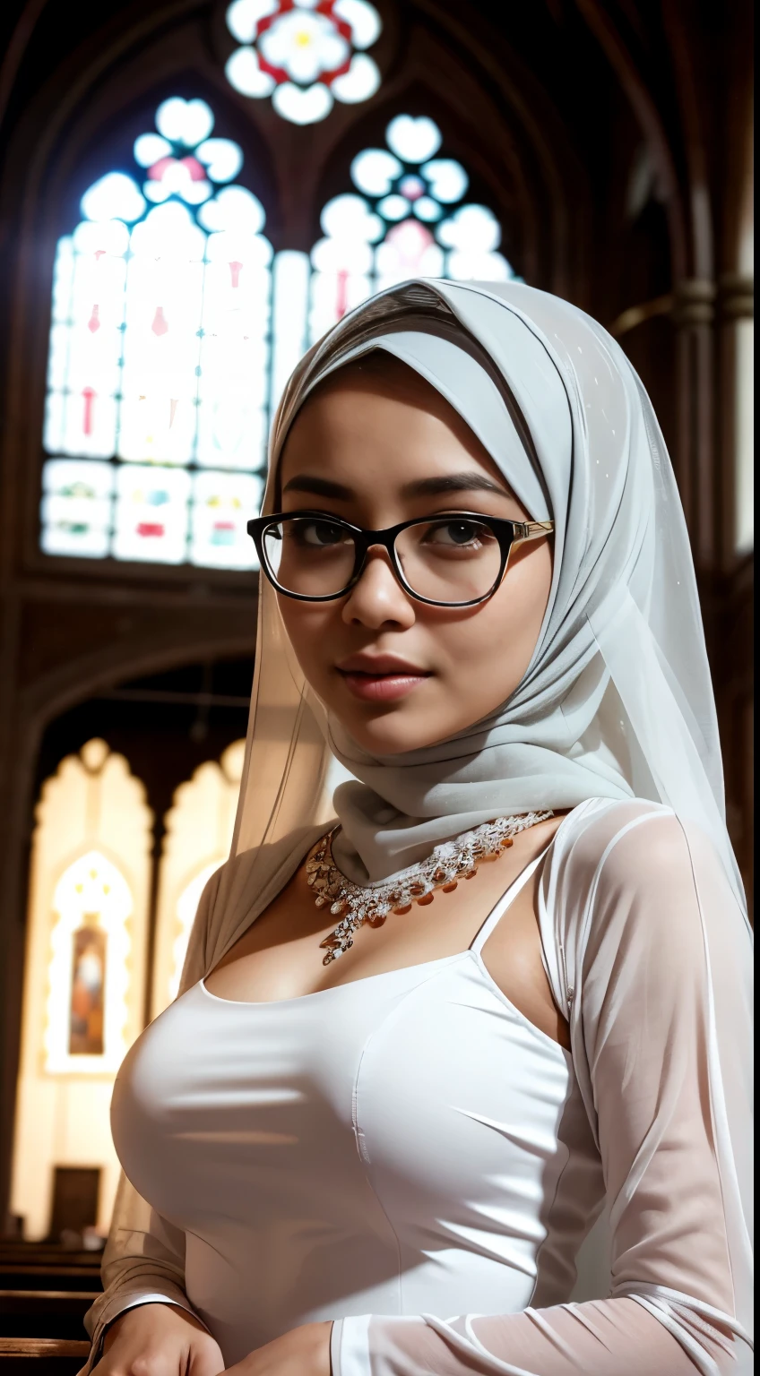 (iu:0.8),((small breast)), RAW, Best quality, high resolution, Masterpiece: 1.3, Beautiful glasses javanese woman in translucent hijab inside a church, Masterpiece, Perfect slim body, Beautiful big eyes, Soft smile, Wearing open chest wedding dress