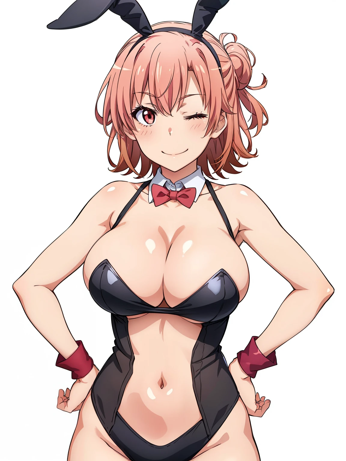 ((masutepiece, Best Quality, hight resolution, nffsw, Perfect Pixel, depth of fields, 4K, )), 1girl in, Solo, , Beautiful anime girl, Beautiful Art Style, close up, Looking at Viewer, Perfect body, Yuigahama Yui, Short hair, pink hair, hairbun, (large boob), cleavage, black playboy bunny, red bowtie, smiling, winking, wink, one eye closed, hands on hips, blank white background, cowboy shot