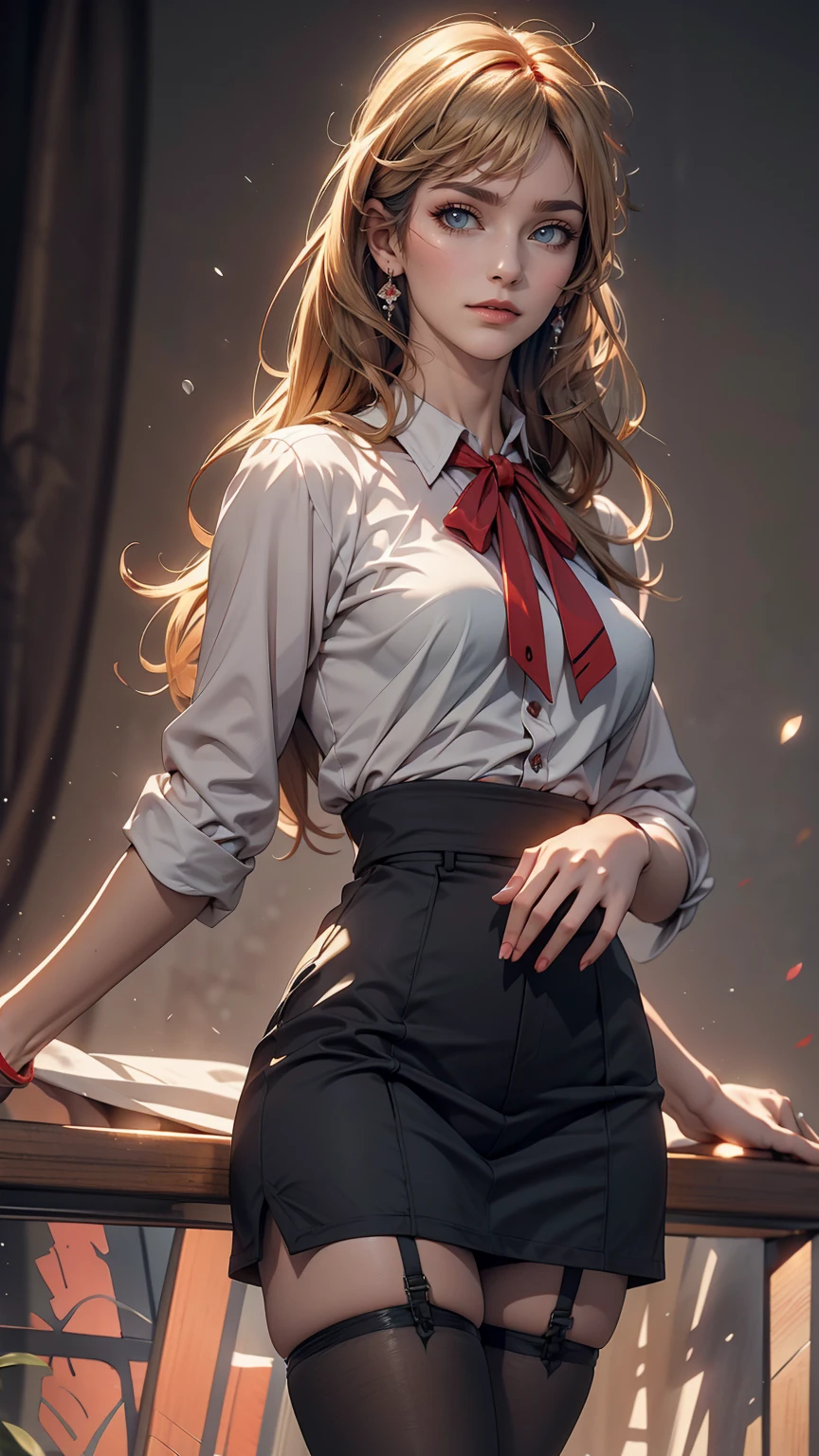 A stunning portrait of a smiling 24-year-old Soryu Asuka Langley (Evangelion), Evangelion (Hideaki), Caustics, High resolution illustrations, Sexy proportions、Wear a sheer blouse and a tight skirt、Wear black stockings