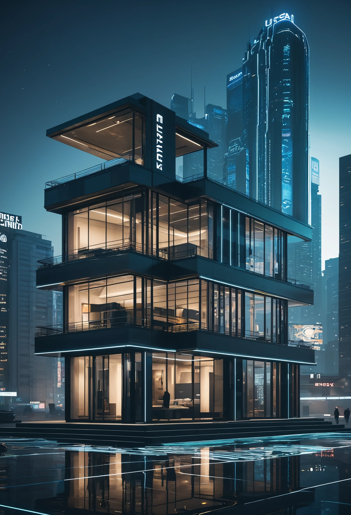 (best quality,ultra-high resolution,realistic,8k,masterpiece:1.2),Architectural,Night,City Night View,building,Commercial,square,terrace,reflection,(cyberpunk1.3),high lasnsanely detailed,buildings,architecture,interior light,landscape,art artarchitecture,