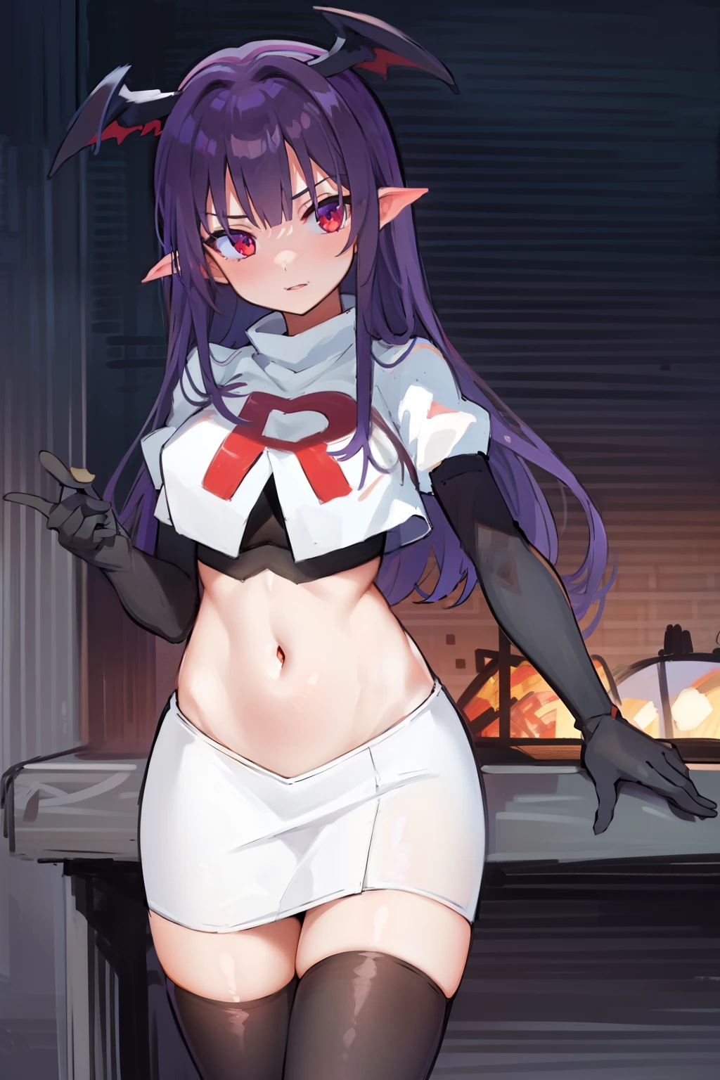 masterpiece, hd, 1girl, mythia, purple long hair, bat ears, red eye, team rocket,team rocket uniform,white skirt,red letter R,crop top,black thigh-highs,black elbow gloves