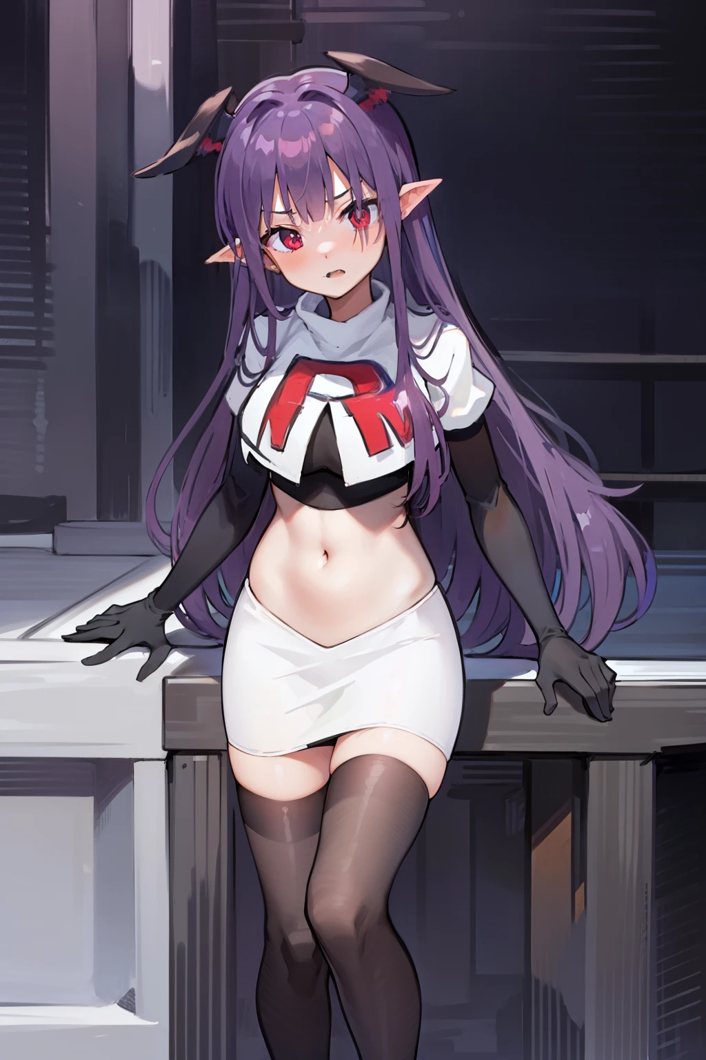 masterpiece, hd, 1girl, mythia, purple long hair, bat ears, red eye, team rocket,team rocket uniform,white skirt,red letter R,crop top,black thigh-highs,black elbow gloves