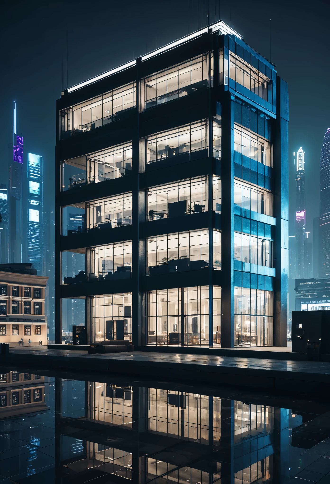 (best quality,ultra-high resolution,realistic,8k,masterpiece:1.2),Architectural,Night,City Night View,building,Commercial,square,terrace,reflection,(cyberpunk1.3),high lasnsanely detailed,buildings,architecture,interior light,landscape,art artarchitecture,