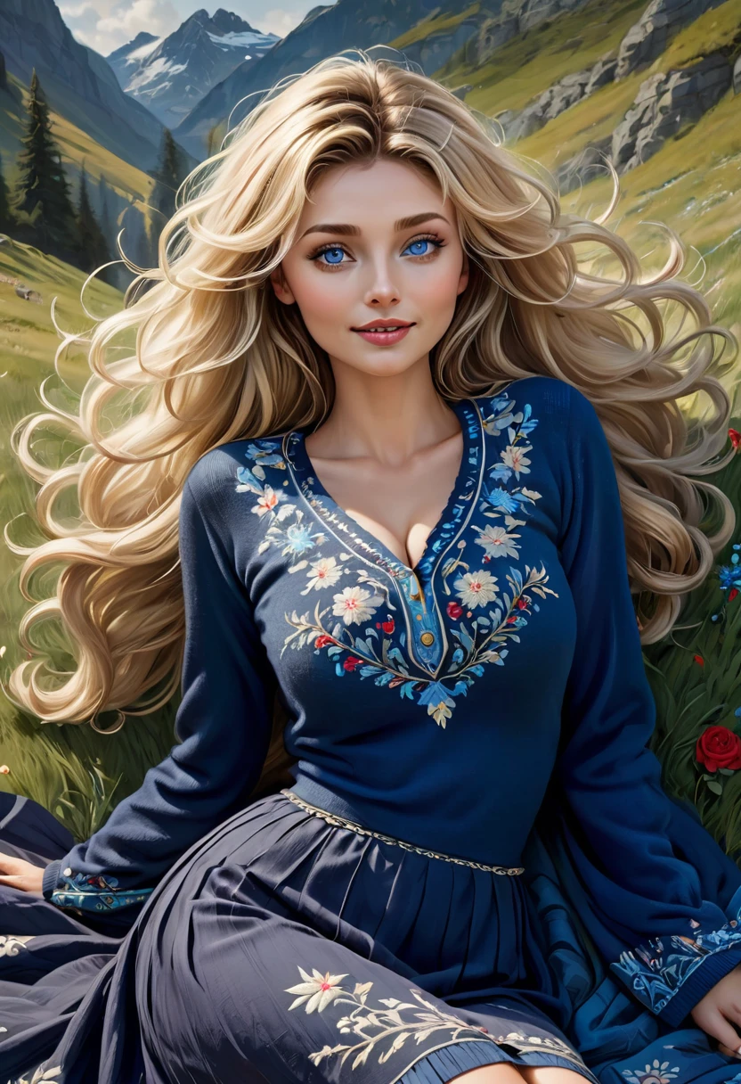 goddess Blonde Woman laying on her back in Mountain meadow in playful pose., Messy long Hair in perm,, Pale Skin, Red Lips, Dress Wth Woodcut Patterns, Black Knee-Length Pleated Skirt Wth Blue Embroidery, Norwegian V Neck Sweater With Rosemaled Designs. Midriff Wide Smile, Eyes Detailed & Wide, Dynamic Pose. Digital Painting, 4K Ultra HD, Rococo-Inspired Fantasy Art With Intricate Details. Cute, Charming Expression, Alluring-Gaze, Beautiful Blue Eyes, An-Ideal-Hourglass-Figure.. Large Youthful Well-Shaped Bosom, Large-butt. massive-Round-Breasts Décolletage. Aly Michalka
