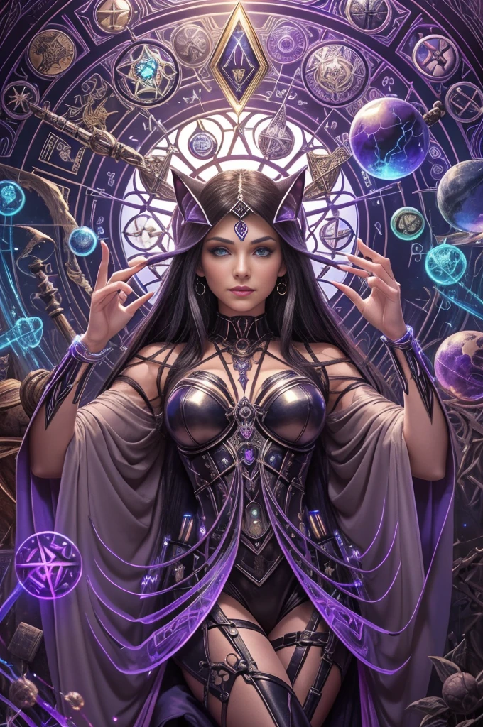 depicts a modern-day witch who has embraced the world of cybernetics to enhance her magical abilities. The artwork should convey the enchanting blend of traditional witchcraft and futuristic technology. Here are some specific elements to include: The Witch's Lair: The setting should be a cozy yet slightly eerie room, filled with magical books, crystal balls, potion ingredients, and antique furnishings. The room should be dimly lit by candles and a soft, mystical glow emanating from her cybernetic enhancements. The Cyborg Witch: The central focus of the artwork is the witch herself. She's a striking figure with a mix of traditional witch attire and cybernetic enhancements. Her clothing should have a witchy, occult aesthetic, with flowing robes, a pointed hat, and an intricate pentagram necklace. Her arms, however, have been upgraded with cybernetic components that incorporate magical symbols and glowing runes. Magical Interface: The witch is in the midst of casting a spell, with a holographic, touch-screen interface floating before her. This interface includes spell incantations, arcane symbols, and digital components, demonstrating her fusion of magic and technology. Spell Ingredients: On a nearby table, there should be a collection of spell ingredients, like herbs, potions, and magical artifacts. Some of these items may have been modified with cybernetic enhancements, blurring the line between the natural and the technological. Familiar: The witch's familiar, perhaps a cat or raven, should be present in the scene, serving as her magical companion. The familiar could also have subtle cybernetic enhancements or glowing eyes. Glowing Runes: The room should be adorned with ancient symbols and glowing runes on the walls and floor, contributing to the magical atmosphere. Aetherial Lighting: Use a combination of mystical, ethereal lighting and cybernetic glows to create a captivating interplay of light and shadow. The contrast between the tradit