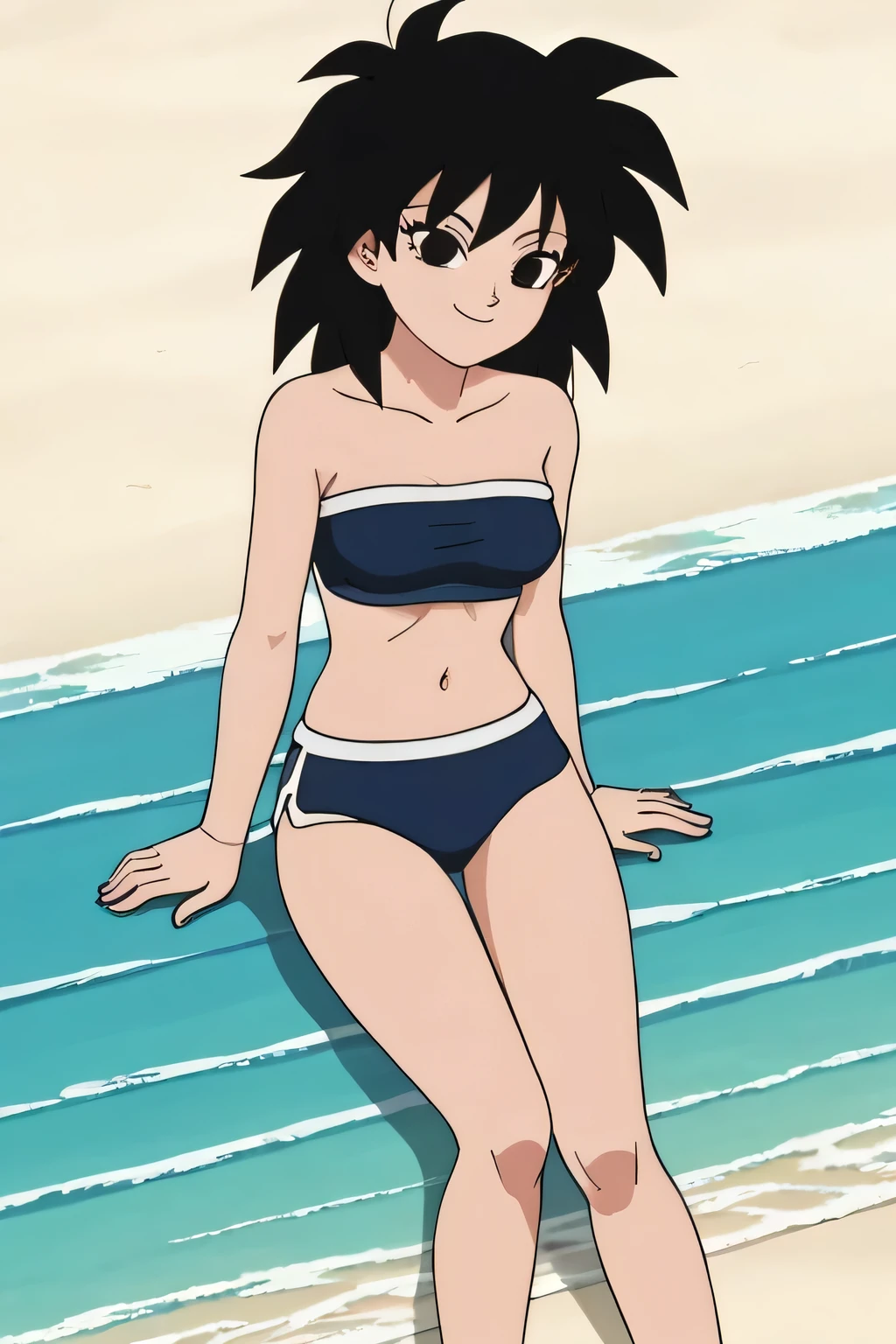 source_anime, score_9,score_8_up, score_7_up, ginedb, anime screencap, 1girl, solo, looking at viewer, smile, medium breasts, black hair, beach, ocean, bare shoulders, medium breasts, smile, arms at sides, cowboy shot, medium hair, black eyes, spiked hair, eyelashes, masterpiece, best quality, very aesthetic, absurdres, black bikins, strapless tube top, black panty, midriff, blue skies, sitting down on her knees, cowboy shot,