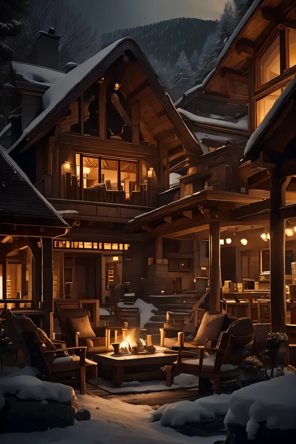 Holiday Homes、Wide々、interior、fireplace、sofa、Large windows、dark、rain、forest、Snow Country、dynamic、whole