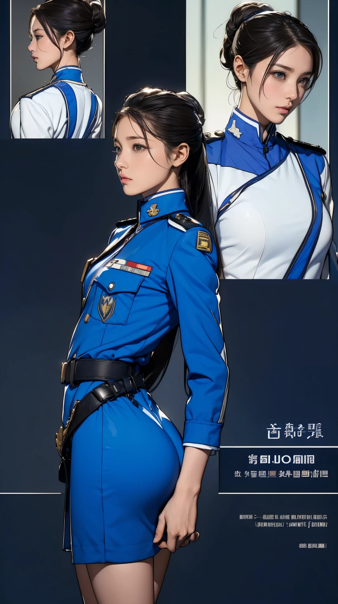 ((masterpiece)),(((highest quality))),((Reference Sheet, Character Design, front, return, ~ ~ side, Mr..々Hairstyle, Mr..々Performance, Facial Expressions)), 14-year-old girl, Cute type, (Very slim:1.4), (Very small ass:1.4), Realistic buttocks, Medium milk, Short Bob, Thin thighs, Long legs, It's not a big deal,(A female Earth Federation officer is walking), (Wearing Earth Federation military uniform, White and blue military uniform),(Worn by federal government employees'White Hat:1.5)
