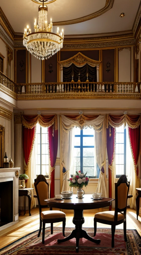 Photography, sofe, Tea table, ( Living room), Curtains, hanging lamp, decorations, carpets, fireplace,white,Versailles