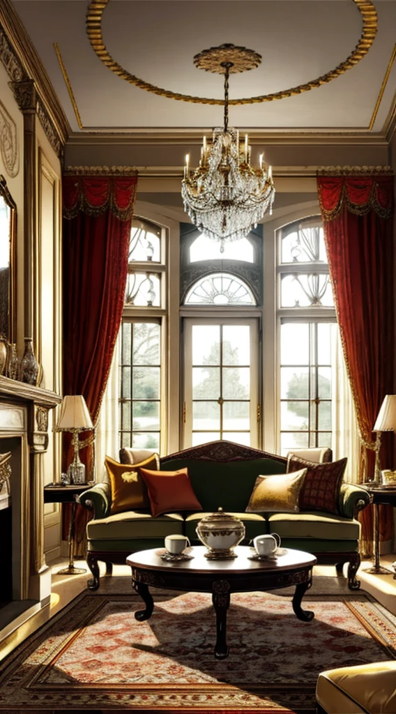 Photography, sofe, Tea table, ( Living room), Curtains, hanging lamp, decorations, carpets, fireplace,white,Versailles