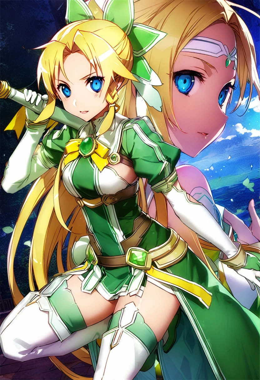 highest quality、unity 8k wallpaper、32k、masterpiece、Very detailed、Ultra-high resolution、Very detailedな顔、RAW Photos、Professional、Ultra-fine painting、Magical Fairy Swordsman Leafa、Blonde long hair、White headband、White Hair Ribbon、blue eyes、Green magical girl costume、Blonde ponytail、White headband、White Hair Ribbon、Yellow ribbon with a large emerald brooch、Blue pleated skirt、Green and yellow long gloves、Green thigh-high stiletto boots with gold molding、