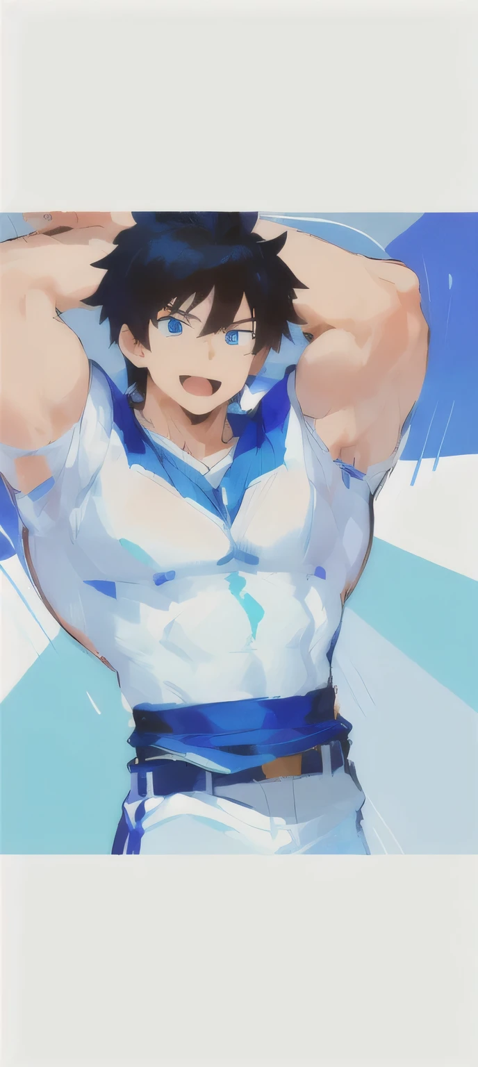A man wearing a shirt、Close-up of man wearing belt, muscular!!, muscular!, muscular!!!, Tall anime man with blue eyes, super awesome and cool, muscular! White, nobutaka ike, Showing off his muscles, Broad shoulders, posture(raise arms + Happy), my hero academia style, handsome anime posture, puffy breasts, most strongest posture