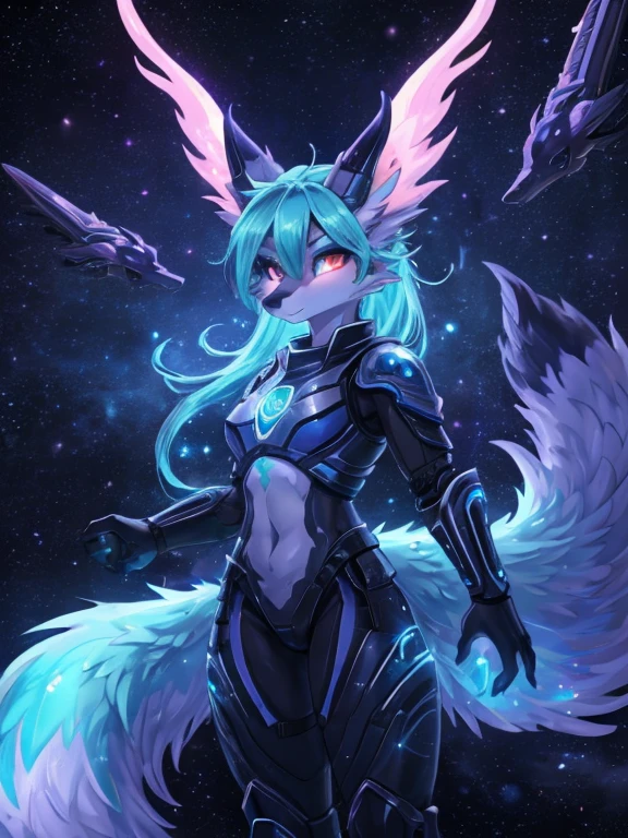  Miku Hatsune x space dragon, alta definicion, orejas de kitsune, tatuaje dorado, tatuaje tribal, vista cuerpo completo, patas hermosas,mirada intimidante, Ojos azules profundos, aura magica, kitsune espacial, mystical aura, mystical aura, cola larga y esponjosa, ojos potenciados, aura espacial, chica divina, dios kitsune, divinidad espacial, multiple colorful space, galactic landscape, dark aura magica, magia galaxia, space armor