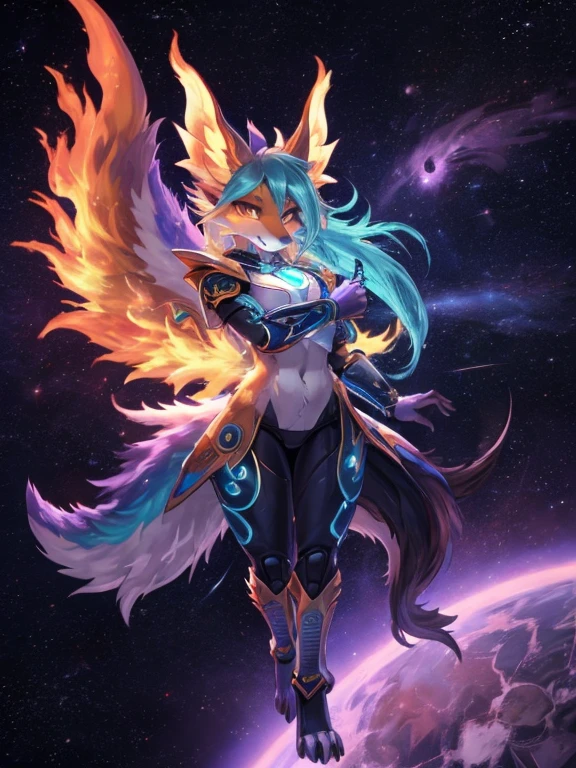  Miku Hatsune x space dragon, alta definicion, orejas de kitsune, tatuaje dorado, tatuaje tribal, vista cuerpo completo, patas hermosas,mirada intimidante, Ojos azules profundos, aura magica, kitsune espacial, mystical aura, mystical aura, cola larga y esponjosa, ojos potenciados, aura espacial, chica divina, dios kitsune, divinidad espacial, multiple colorful space, galactic landscape, dark aura magica, magia galaxia, space armor