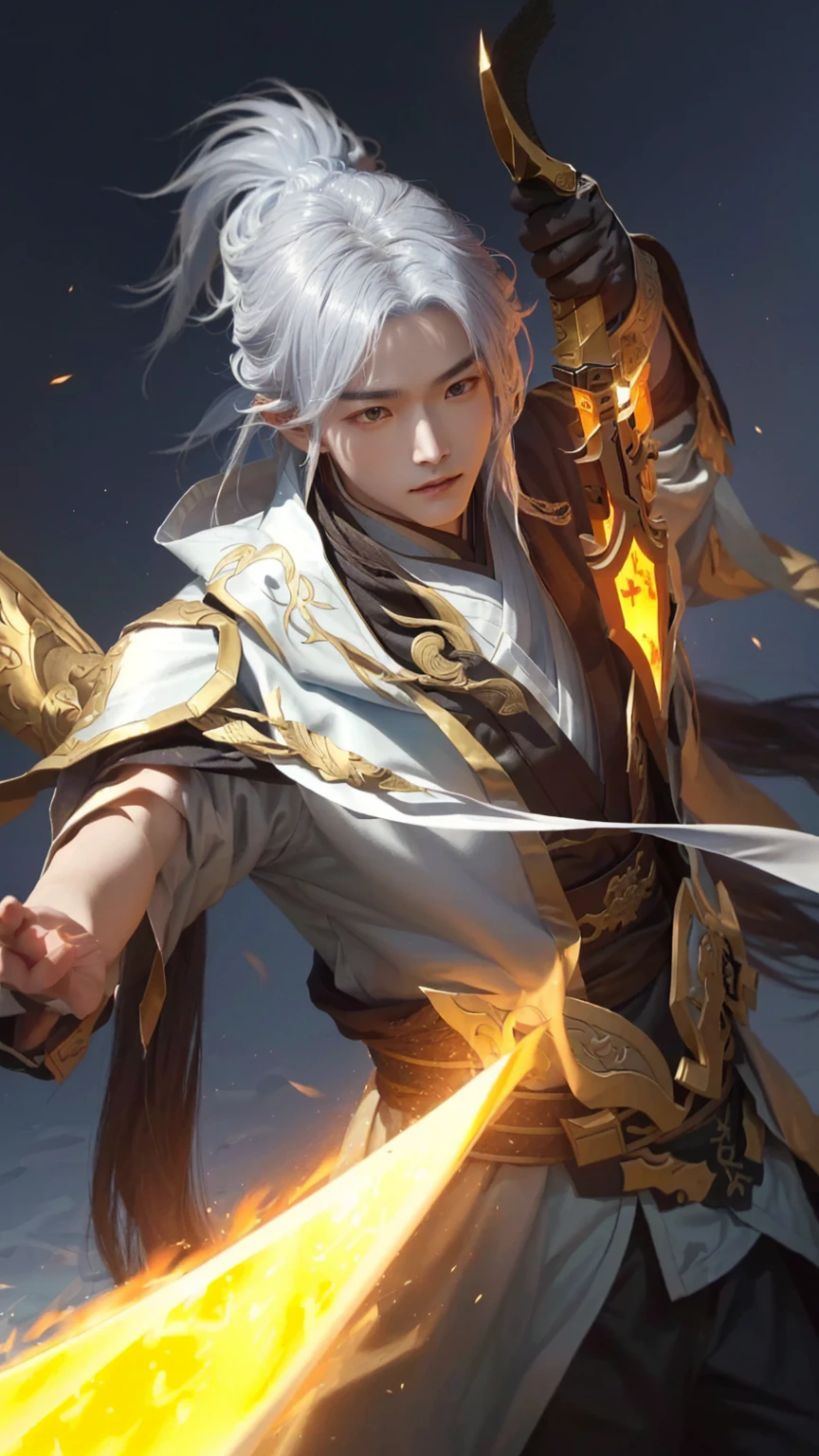 a close up of a person holding a sword and a fire, heise jinyao, inspired by Yang Jin, zhao yun, inspired by Huang Shen, g liulian art style, by Yang J, xianxia hero, ashe, inspired by Ju Lian, loong, inspired by Shen Zhou, yang qi, li zixin