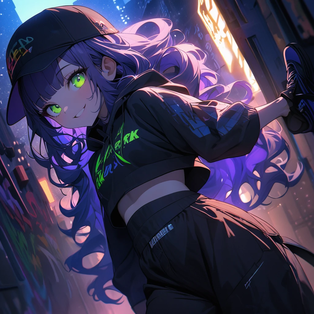 a masterpiece, beautiful eyes, a beautiful face, beautiful depiction, details, solid blue Skyscrapers background, ultra detailed, 8K, Dark blue night sky, Blue-purple hair, a dynamic angle, wavy hair blowing in the wind, blunt bangs hair, black and green eyes, full body shot, A starry sky, a gentle smile, Graffiti art, hooded girl, dimly lit underpass, light coming from behind her, look at viewer, Wearing black jumpsuit with top off, black sports bra, smiling at the camera, black baseball cap, black sneakers,
New York slums, belly on,