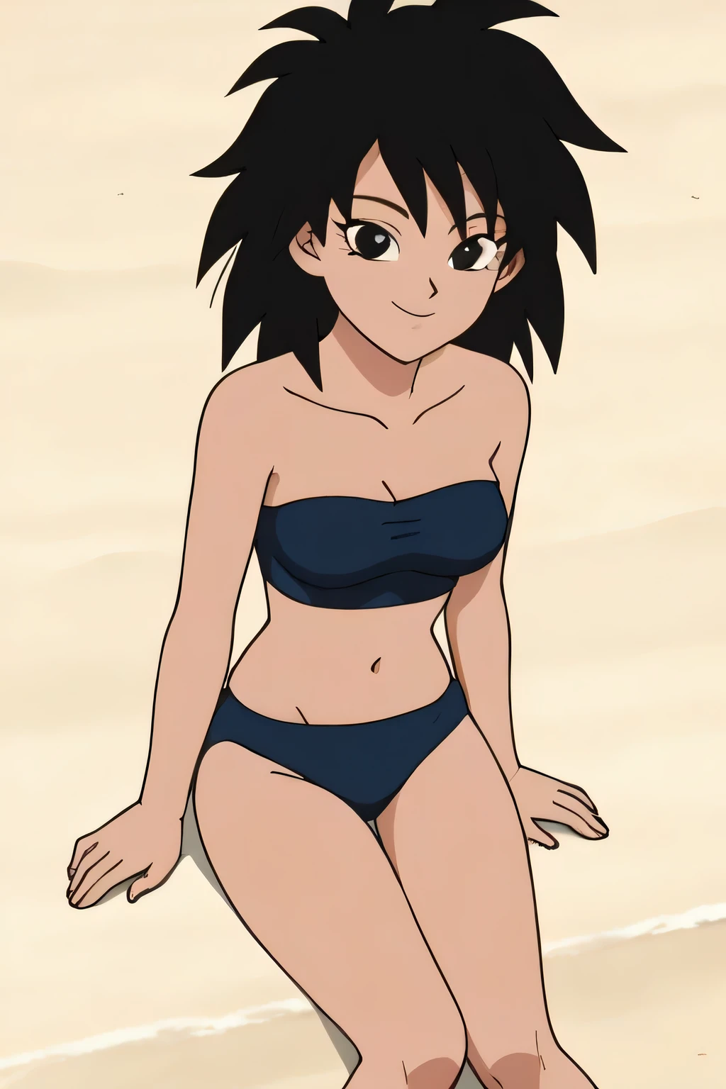 source_anime, score_9,score_8_up, score_7_up, ginedb, anime screencap, 1girl, solo, looking at viewer, smile, medium breasts, black hair, beach, ocean, bare shoulders, medium breasts, smile, arms at sides, cowboy shot, medium hair, black eyes, spiked hair, eyelashes, masterpiece, best quality, very aesthetic, absurdres, black bikins, strapless tube top, black panty, midriff, blue skies, sitting down on her knees, cowboy shot,