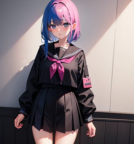 Girl with pink black and blue hair in a black school outfit