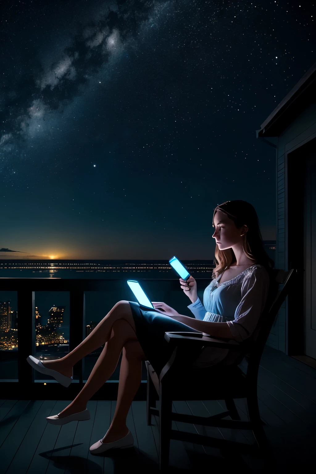 Ultra-high-definition image: Clara, a breathtaking young woman, is gracefully seated on the porch, her visage bathed in the tender effulgence of her neon smartphone screen. Her countenance subtly transitions from tranquility to intrigue and fascination as she peruses a message. The nightscape behind her showcases a star-studded sky and the faintest, yet audible, distant murmur of waves crashing.