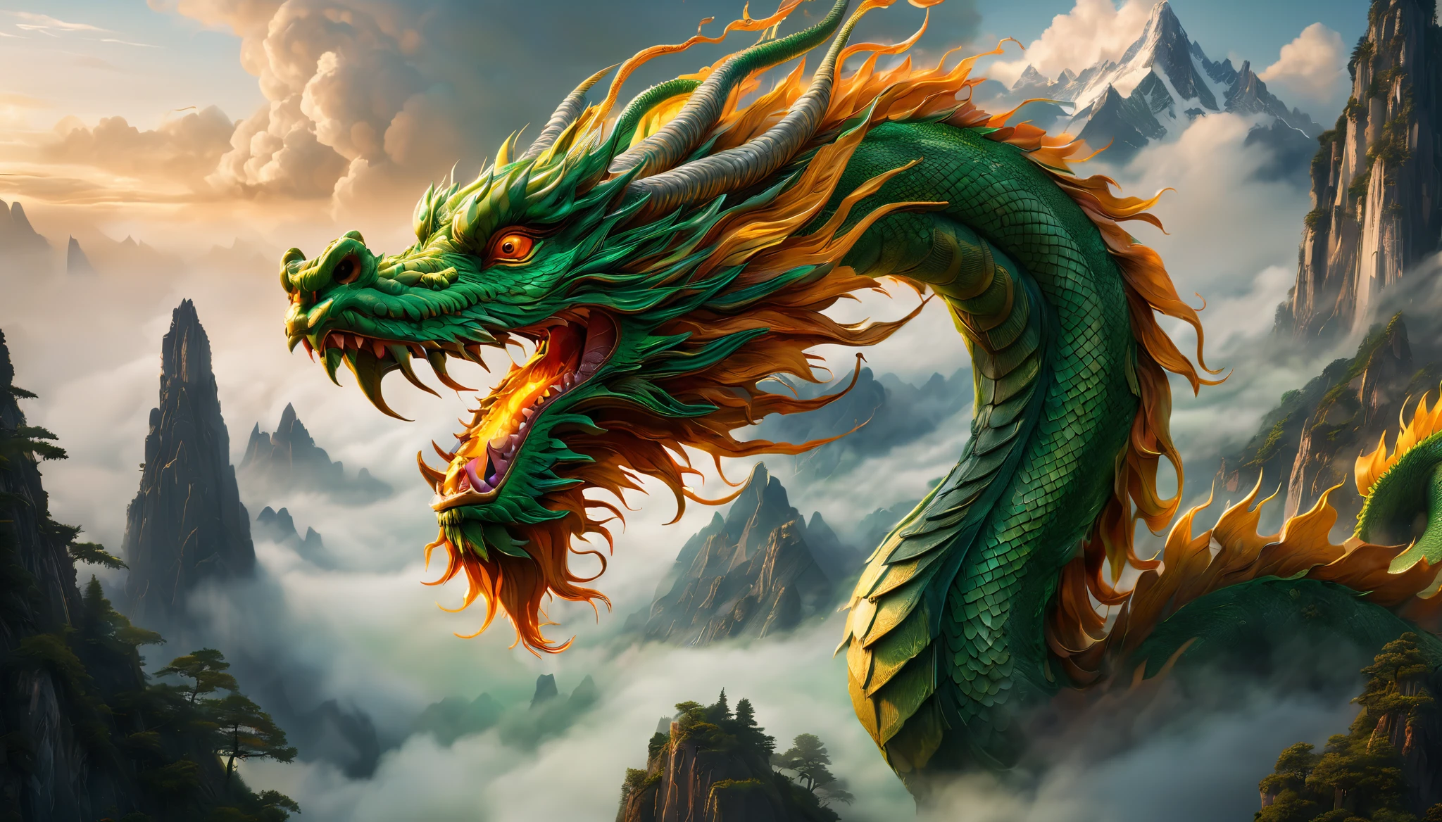 (nice,4K,8K,tall house,masterpiece:1.2),ultradetailed,realistically,A green Chinese dragon,Curved body,Long beard,flaming eye,imperial scale,sharp clawed breath,Curly and powerful dragon tail,mountain peaks,Surrounded by mist,Vivid colors and intricate details,illuminated by soft golden light