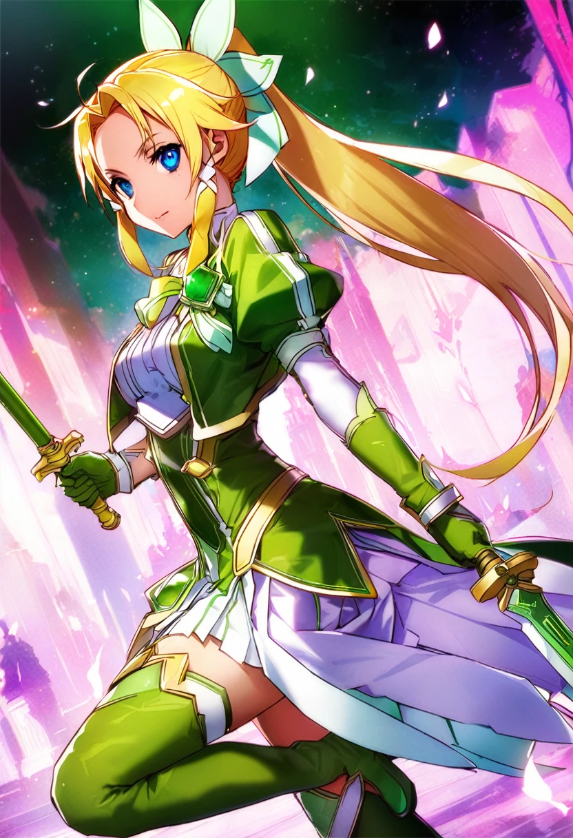 highest quality、unity 8k wallpaper、32k、masterpiece、Very detailed、Ultra-high resolution、Very detailedな顔、RAW Photos、Professional、Ultra-fine painting、Magical Fairy Swordsman Leafa、Blonde long hair、White headband、White Hair Ribbon、blue eyes、Green magical girl costume、Blonde ponytail、White headband、White Hair Ribbon、Yellow ribbon with a large emerald brooch、White pleated skirt with green lines、Green and yellow long gloves、Green thigh-high stiletto boots with gold molding、