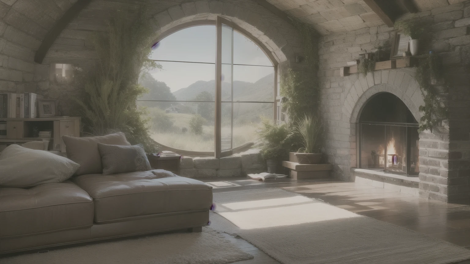 a cozy hobbit's cottage shelter in a low Cave with a Colorful gravel Fireplace, outside a large window Glass Door on one wall with a rainy landscape, a room with colorful gravel Round bricks, a mysterious and fairy-tale atmosphere, vases and plants, a fluffy wool Blanket on the floor, ladder bed