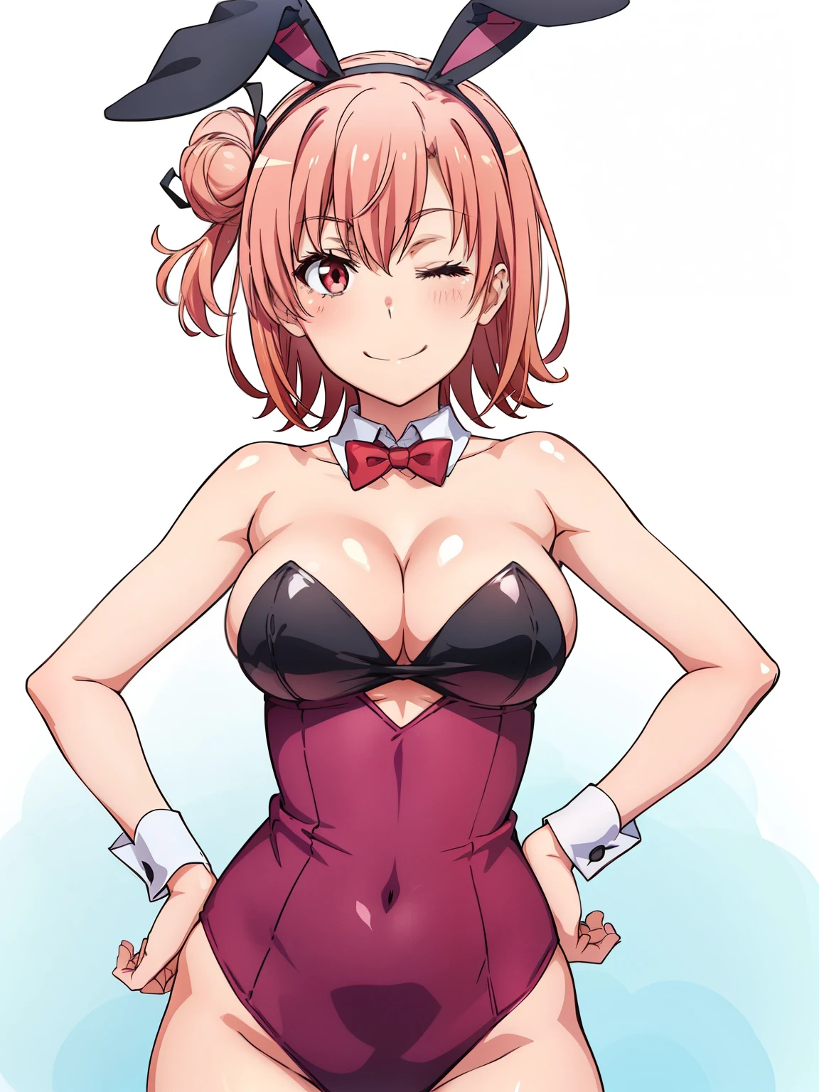 ((masutepiece, Best Quality, hight resolution, nffsw, Perfect Pixel, depth of fields, 4K, )), 1girl in, Solo, , Beautiful anime girl, Beautiful Art Style, close up, Looking at Viewer, Perfect body, Yuigahama Yui, Short hair, pink hair, hairbun, (large boob), cleavage, black playboy bunny, red bowtie, smiling, winking, wink, one eye closed, hands on hips, blank white background, cowboy shot