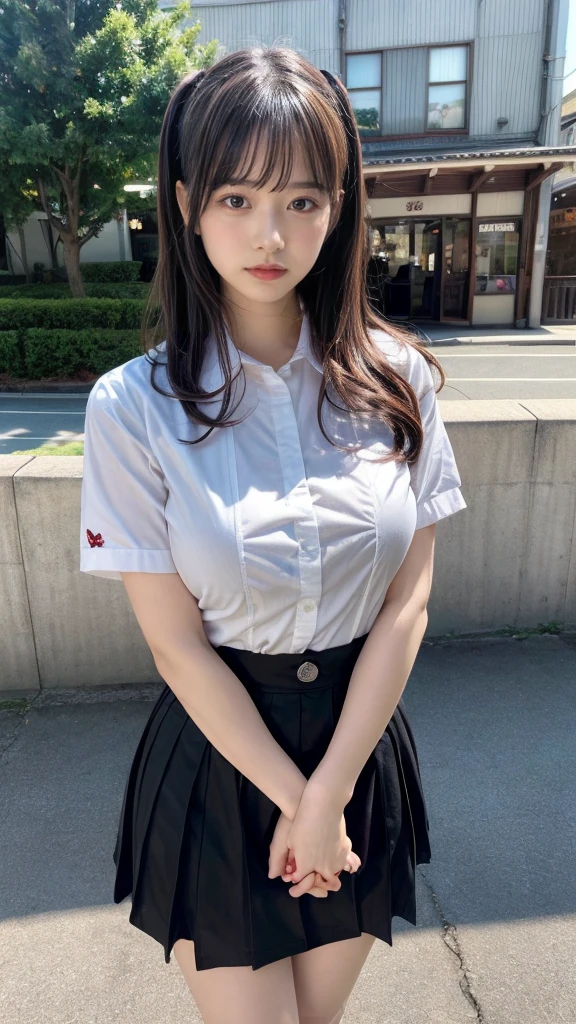 masterpiece, best quality, illustration, Super detailed, fine details, High resolution, 8K,wall paper, perfect dynamic composition,(Details High quality, realistic depiction of eyes:1.3), waitress uniform, restaurant, beautiful chest,very heavy chest, large breasts, short bob hair、black hair color, Big Natural Color Lip, perfect body shape, crying a little、cold gaze, Harajuku style、20 year old girl、cute type、ta、beautiful legs, focus on crotch, full body photo, gravure idol, (join hands with someone)