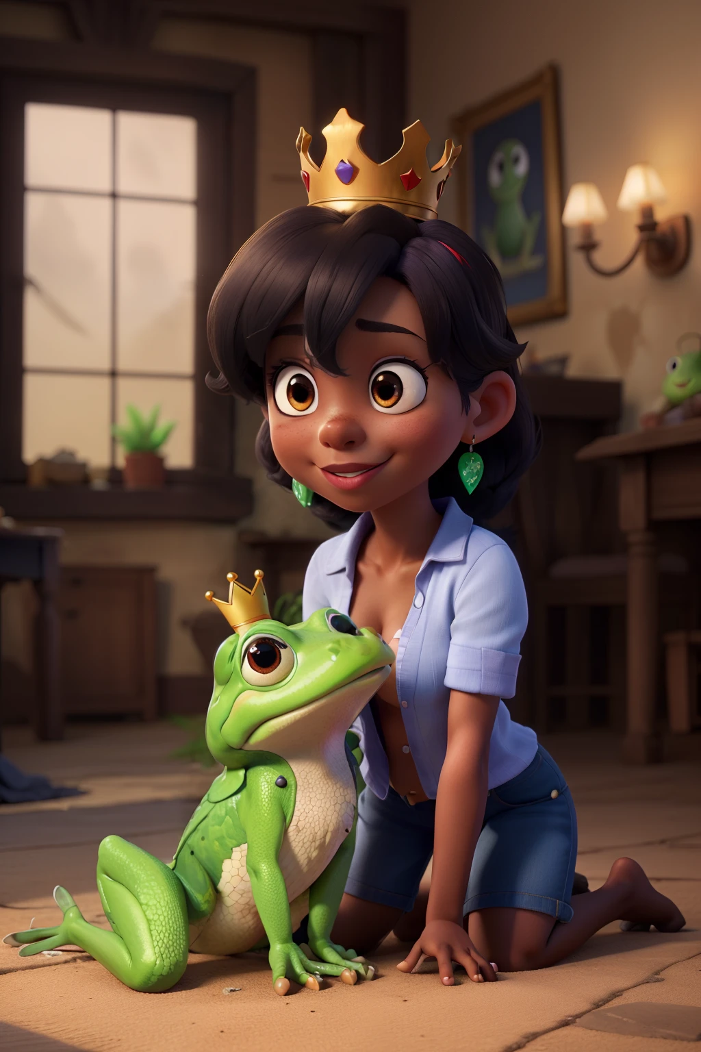 a beautiful, dark-skinned, cruel and evil adult princess kissing a frog with a prince crown